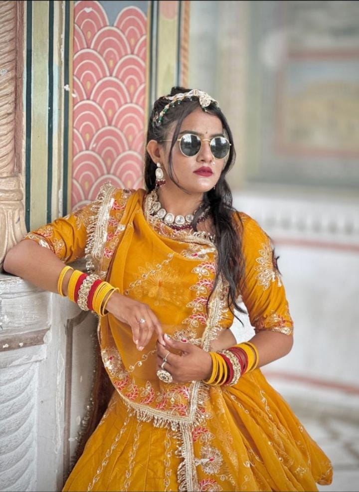 choti chidi Yellow Crepe Lehenga with Thread Work – Designer Haldi & Festive Wear