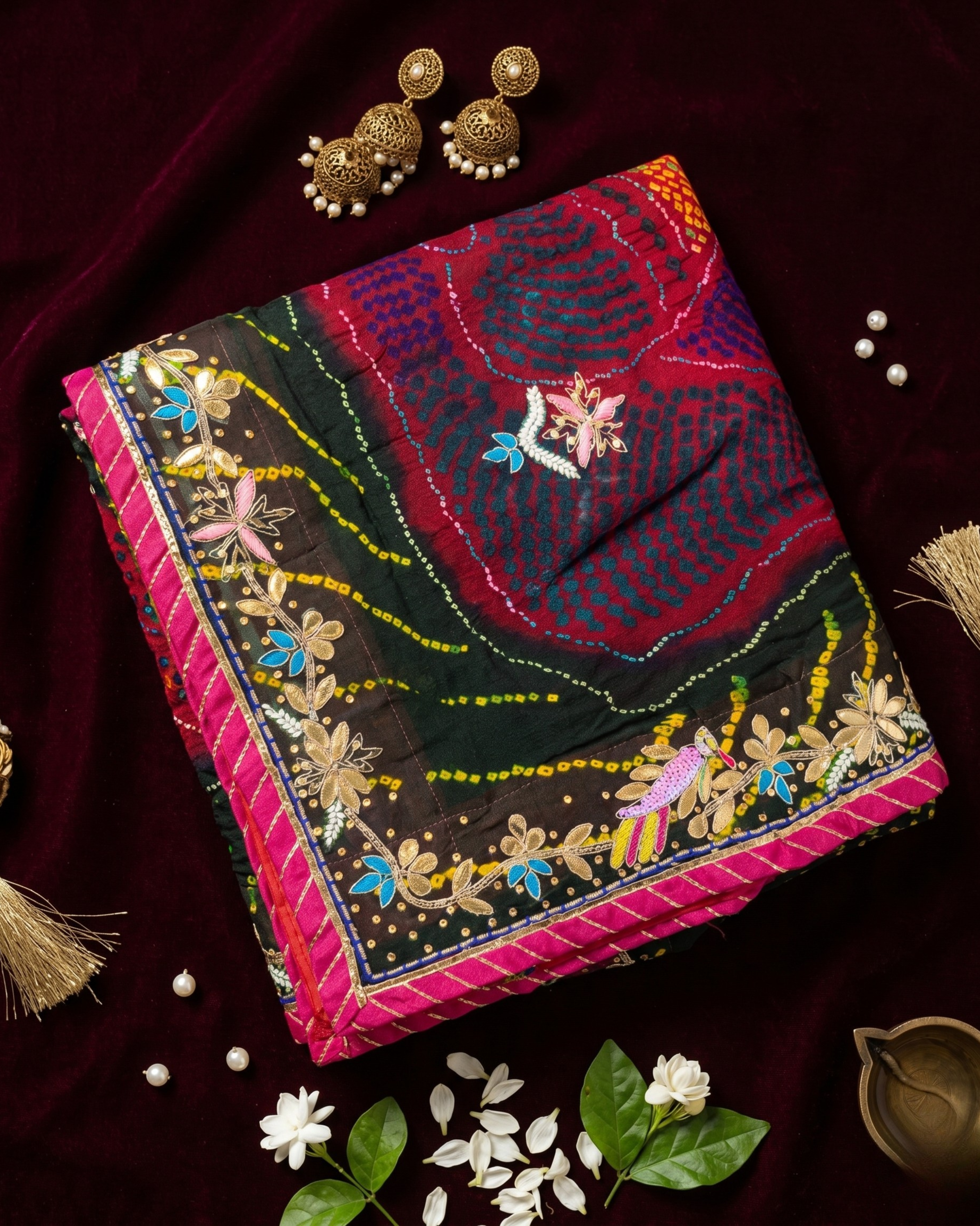 Multicolor Bandhej Jardozi Chunri with Pink Border | Pure Shekhawati Dupatta