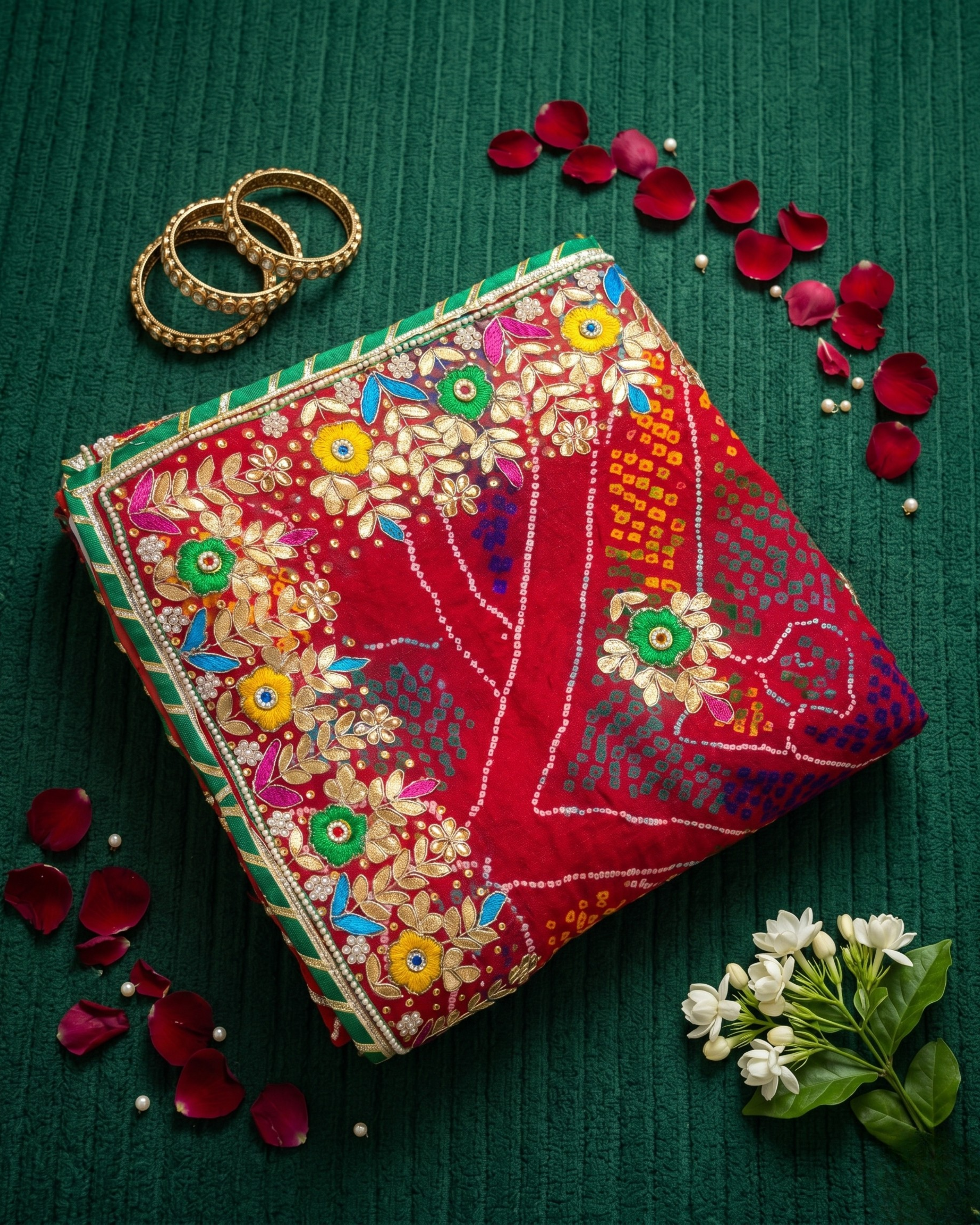 Bridal Red Jardozi Chunri with Green Border | Pure Shekhawati Bandhej Dupatta