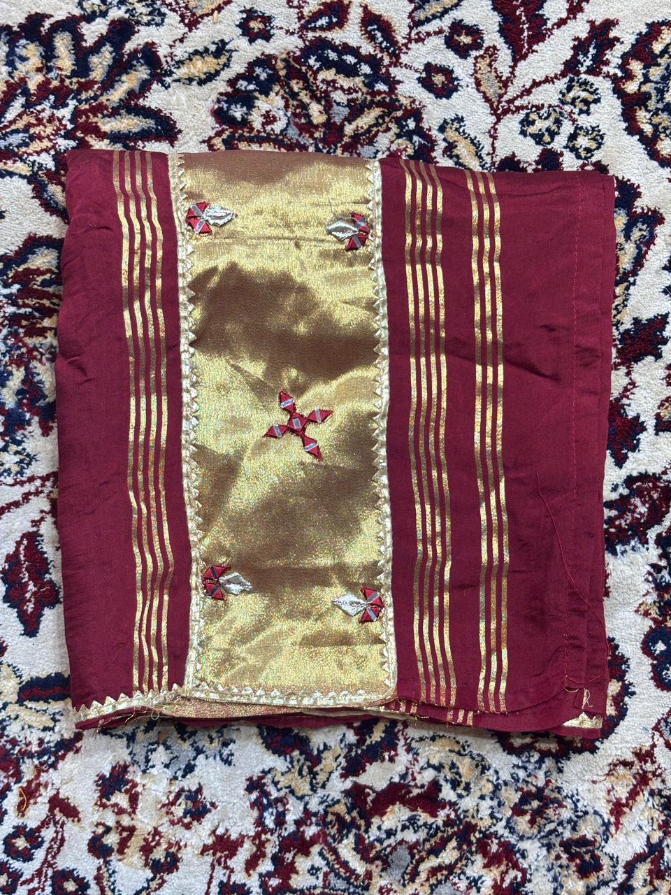 Maroon Dupatta with Gold Border & Hand Work | Festive Wear