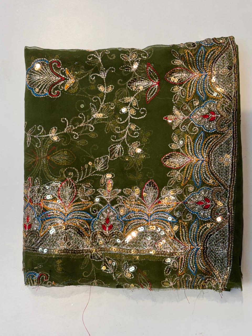 Olive Green Heavy Embroidered Dupatta with Zari & Sequin Work | Radhika Boutique