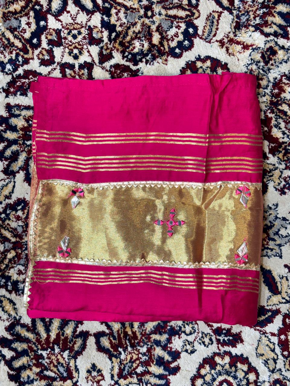 Pink Dupatta with Gold Zari Border & Hand Work | Festive Wear