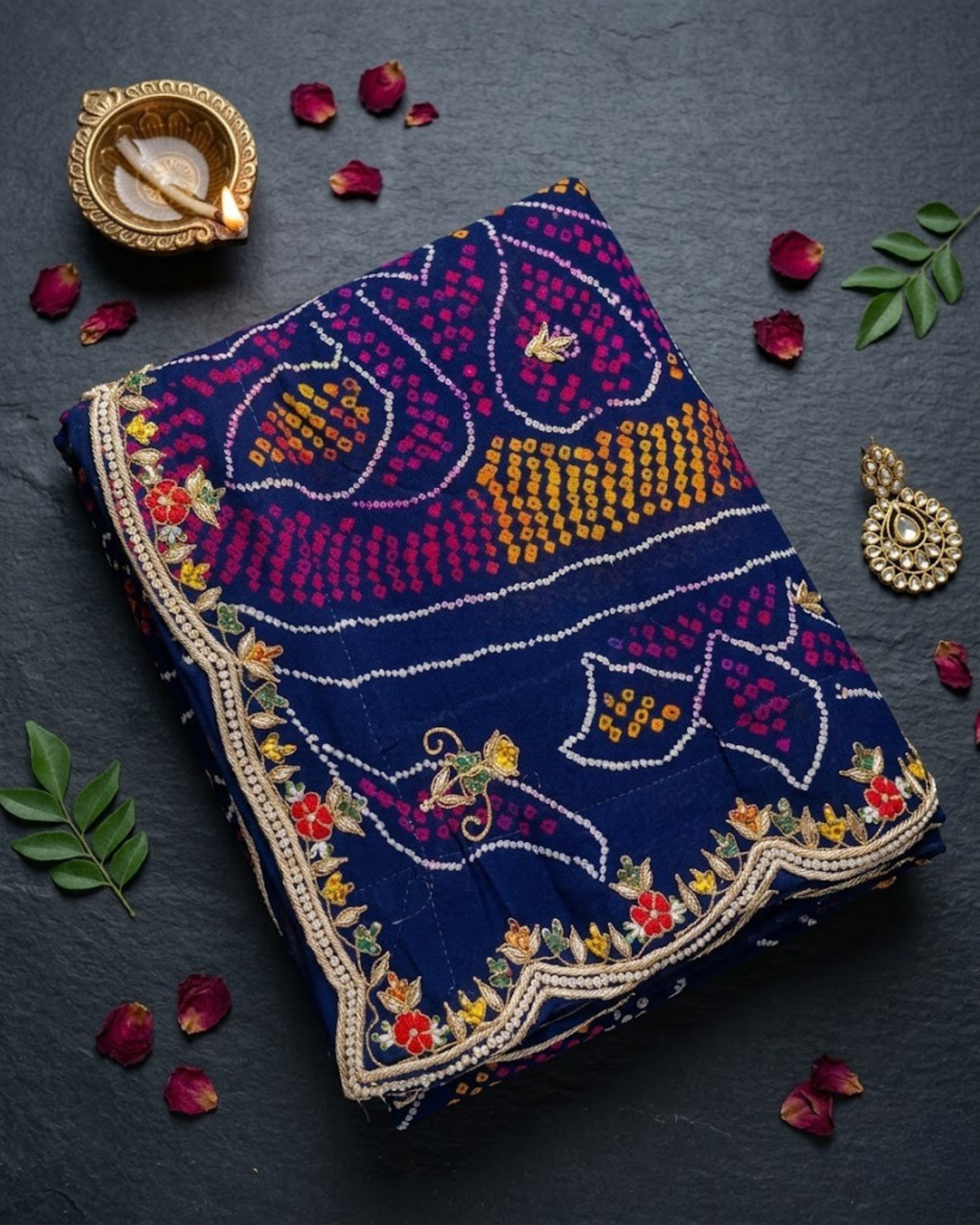 Navy Blue Jardozi Chunri with Floral Border | Pure Shekhawati Bandhej Dupatta