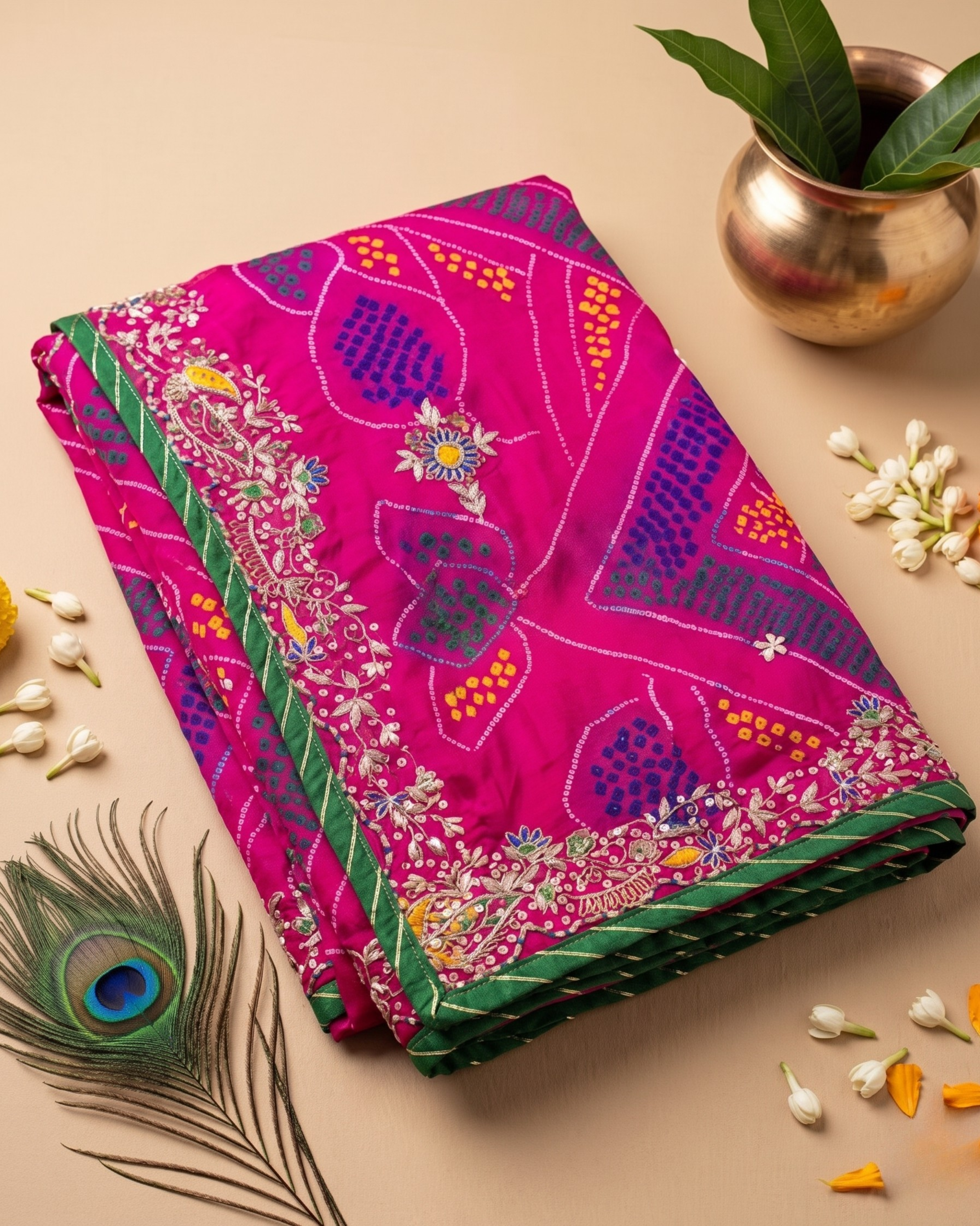 Rani Pink Jardozi Chunri with Green Border | Pure Shekhawati Bandhej Dupatta