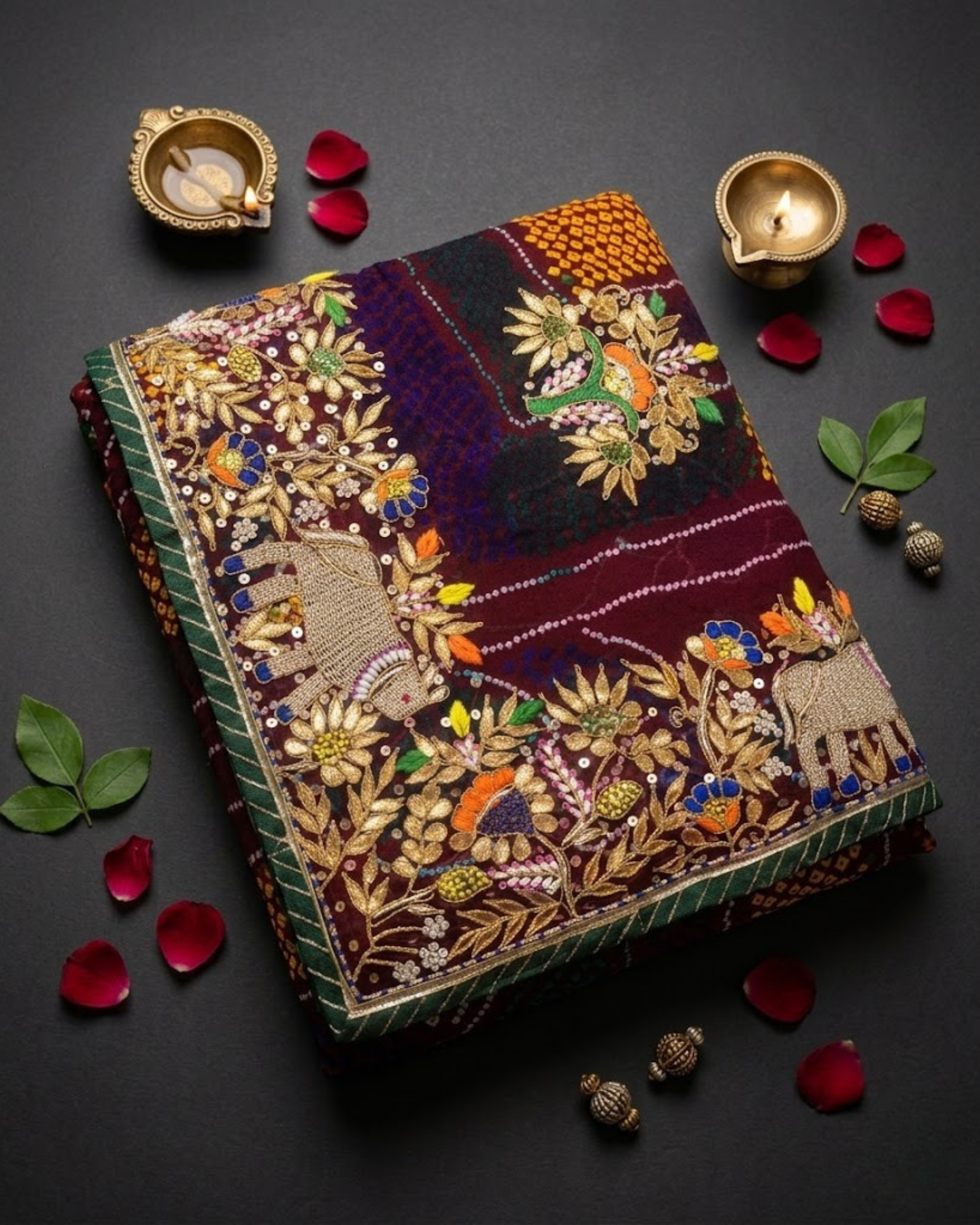 Chocolate Brown Jardozi Chunri with Elephant Motifs | Pure Shekhawati Bandhej Dupatta