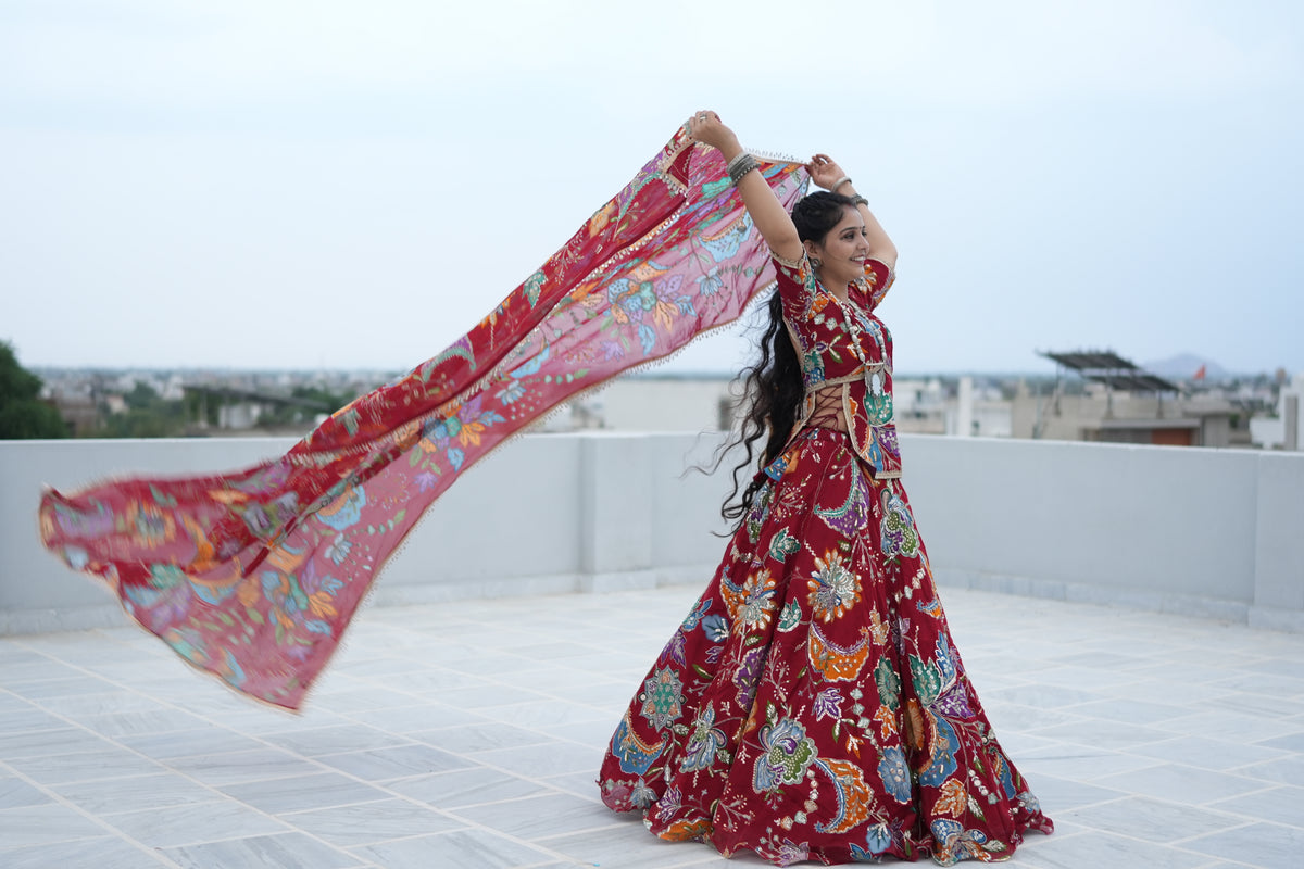 Red Jugni Lehenga with Floral Embroidery | Designer Wedding Wear