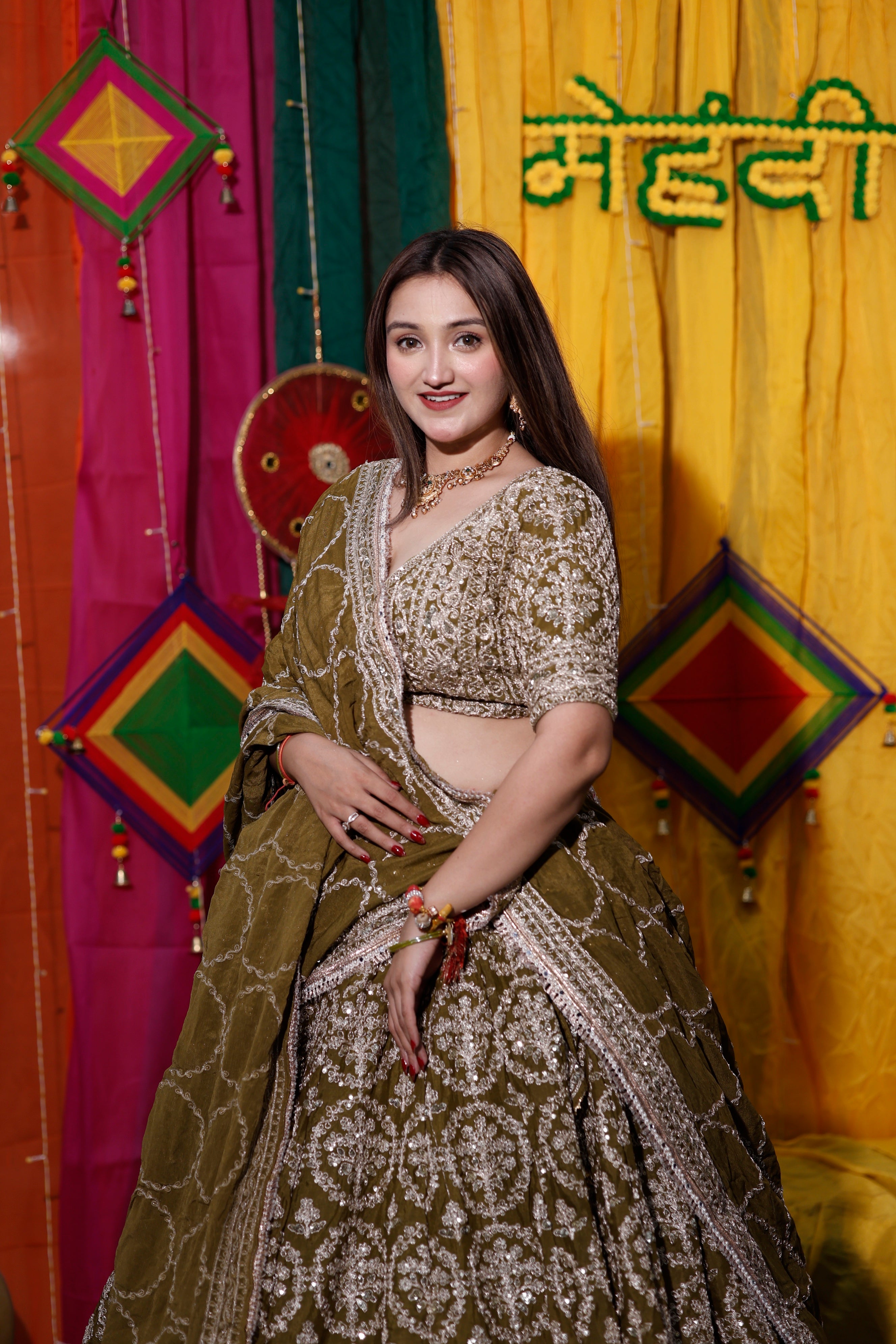 Olive Green Traditional Handwork Lehenga for Women | Radhika Boutique