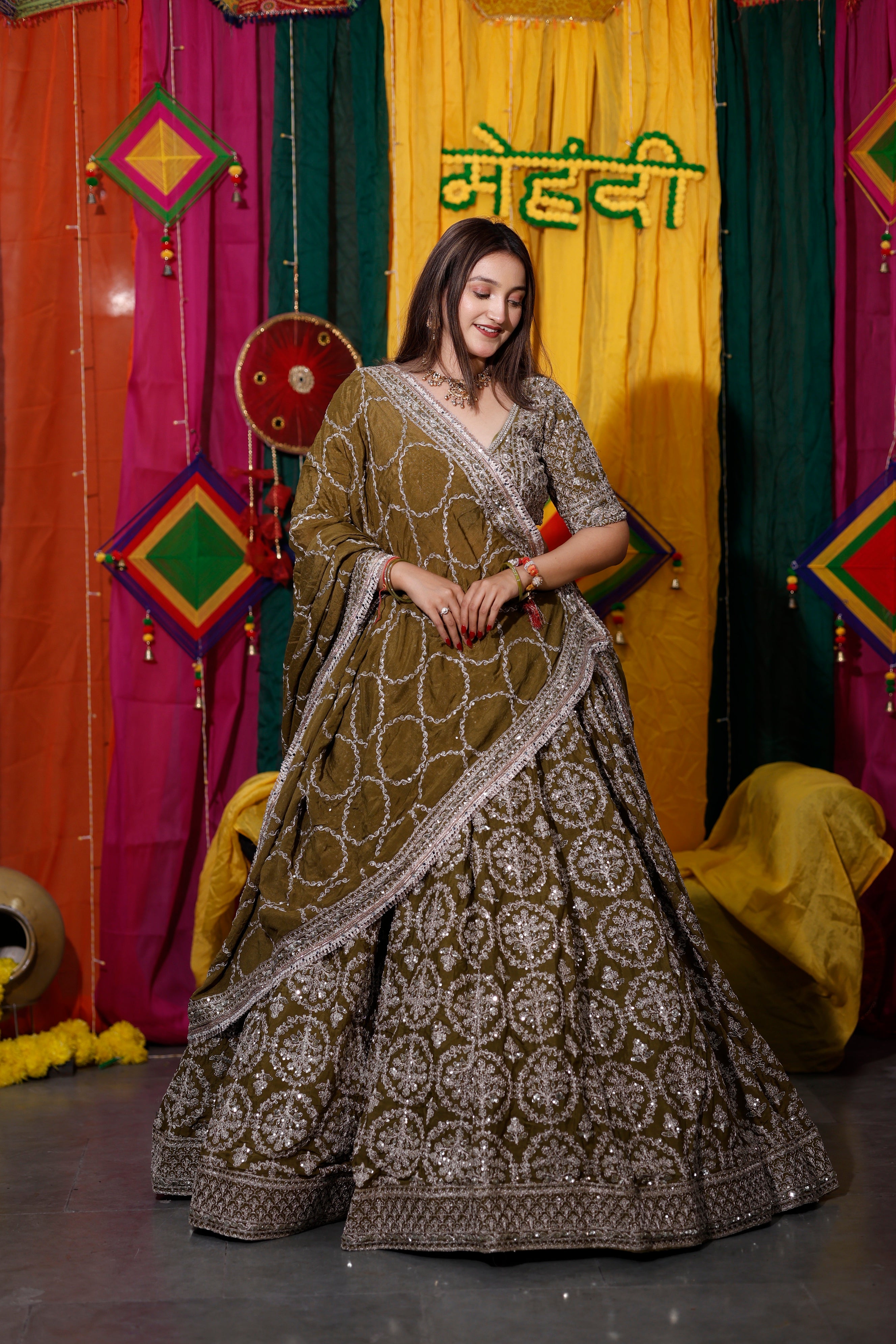 Olive Green Traditional Handwork Lehenga for Women | Radhika Boutique
