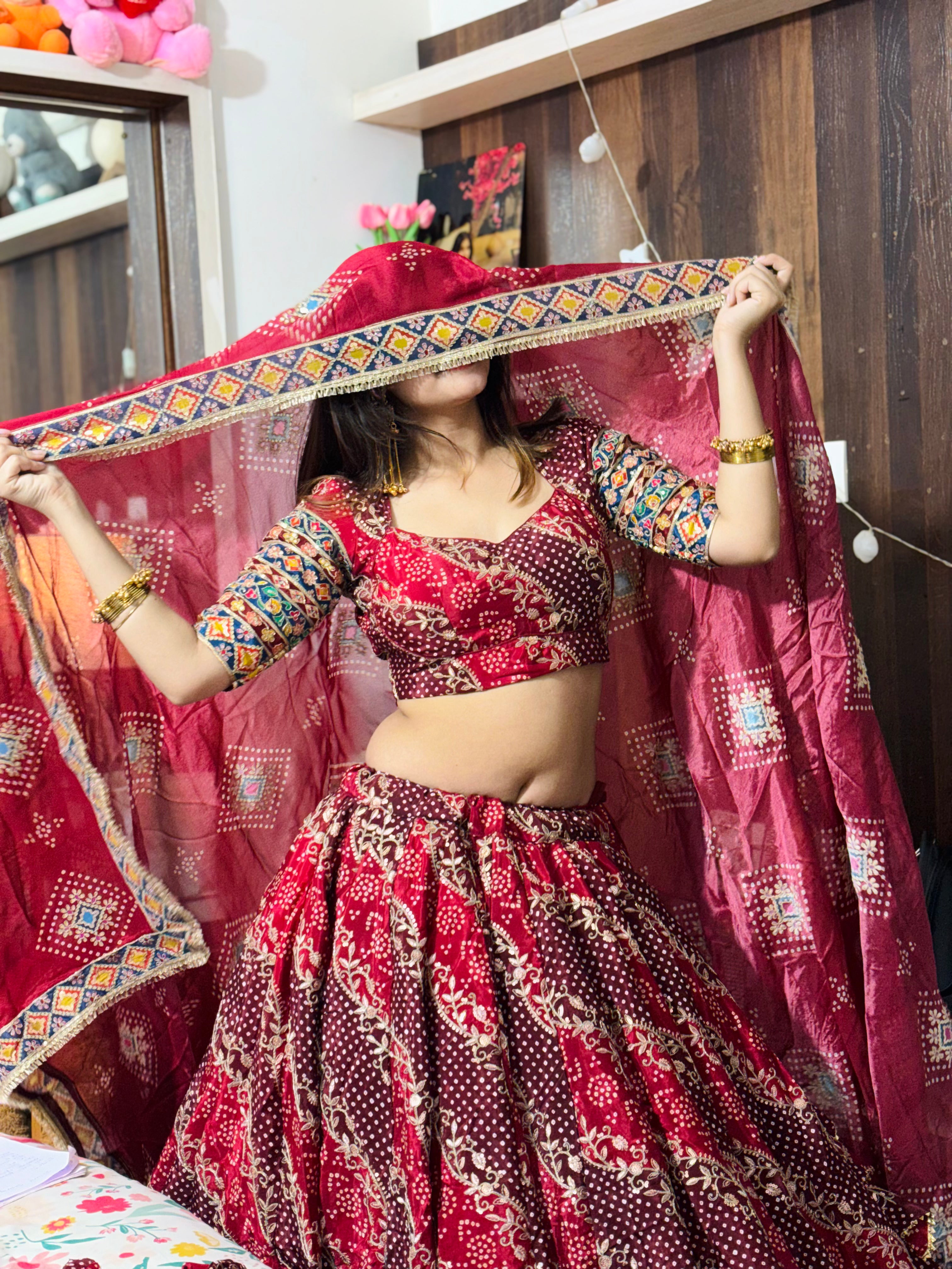 Bairan Lehenga Red | Natural Crepe Jaipuri Print Lehenga with Hand Machine Work