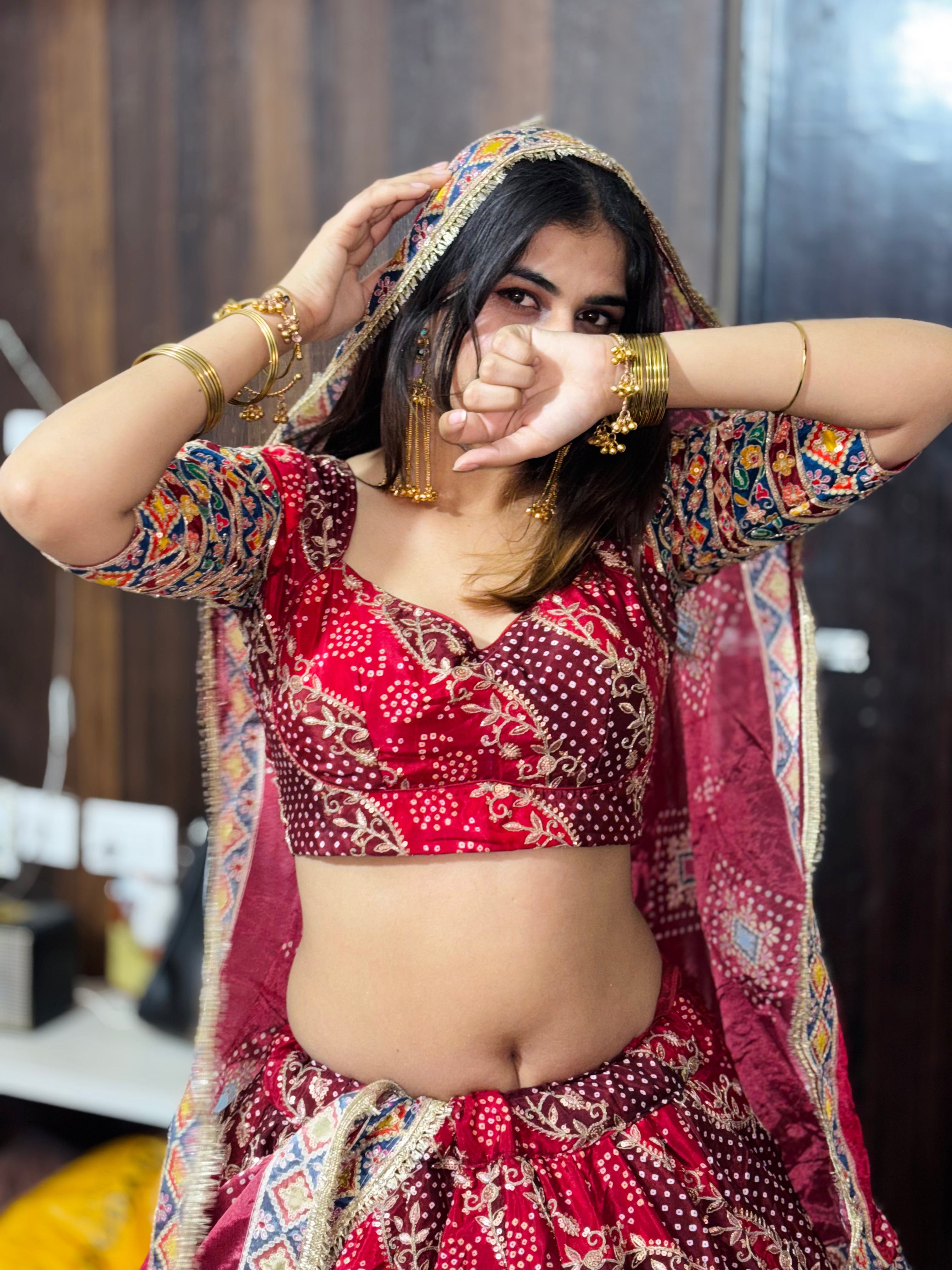 Bairan Lehenga Red | Natural Crepe Jaipuri Print Lehenga with Hand Machine Work