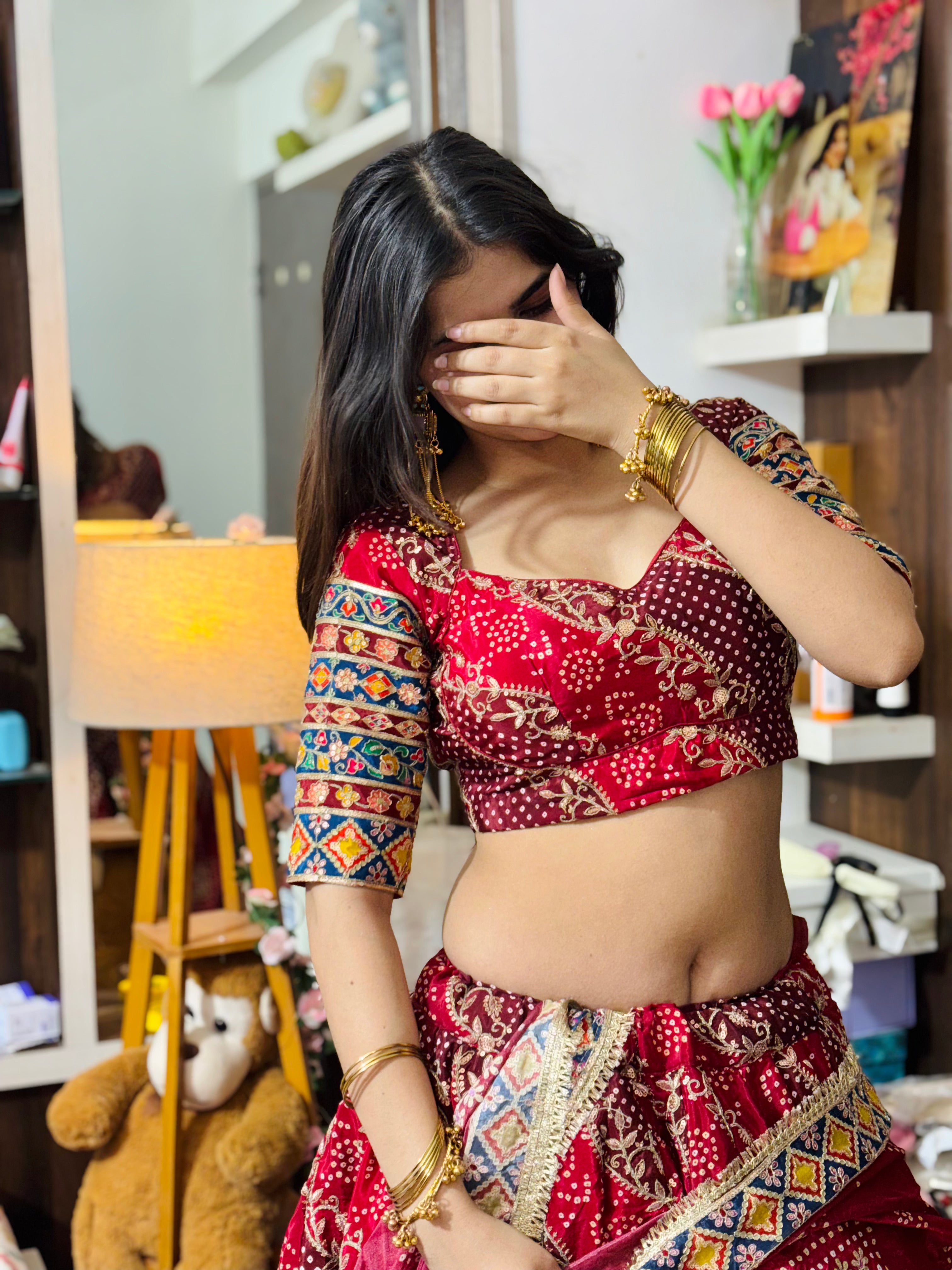 Bairan Lehenga Red | Natural Crepe Jaipuri Print Lehenga with Hand Machine Work