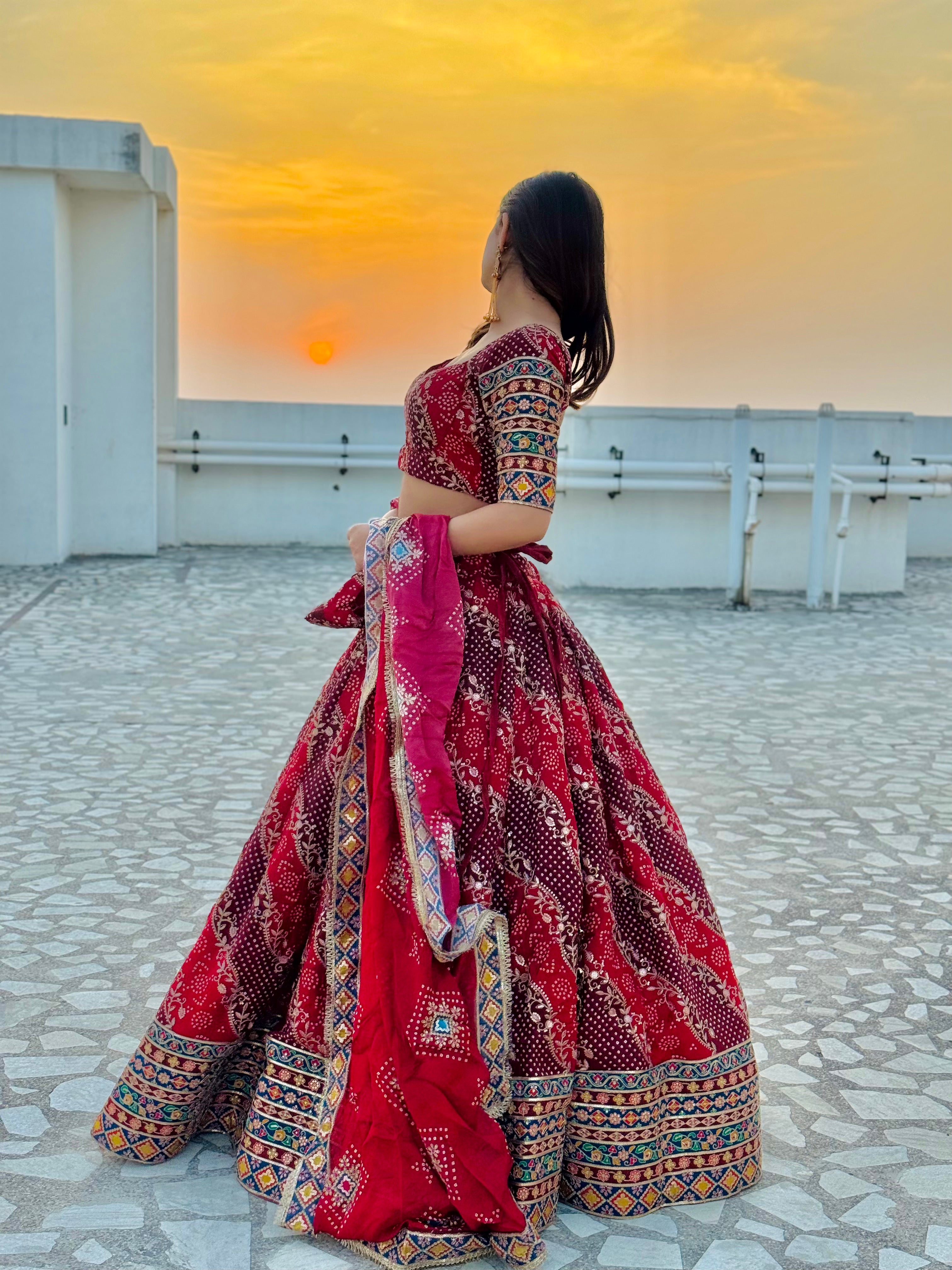 Bairan Lehenga Red | Natural Crepe Jaipuri Print Lehenga with Hand Machine Work