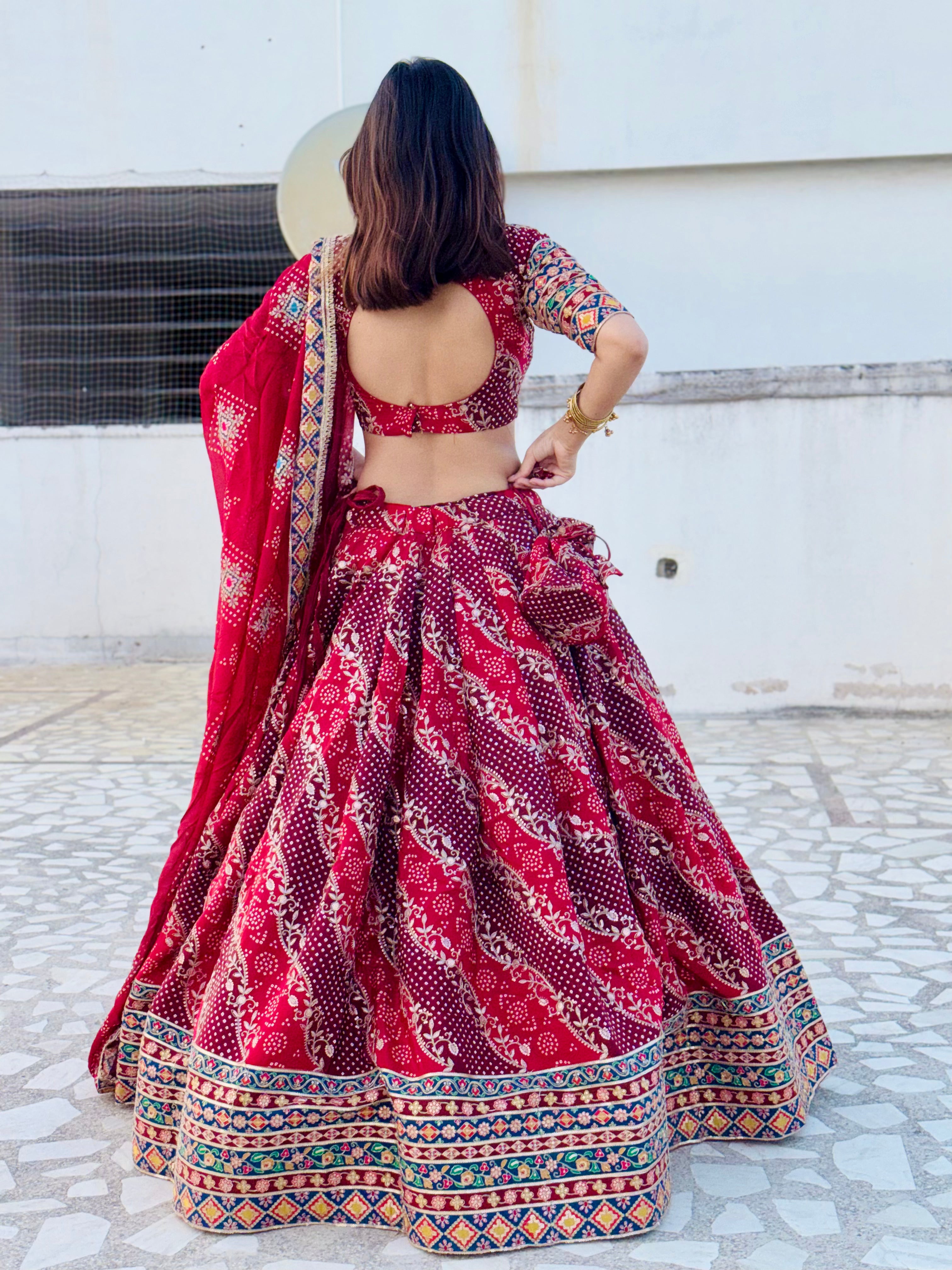 Bairan Lehenga Red | Natural Crepe Jaipuri Print Lehenga with Hand Machine Work