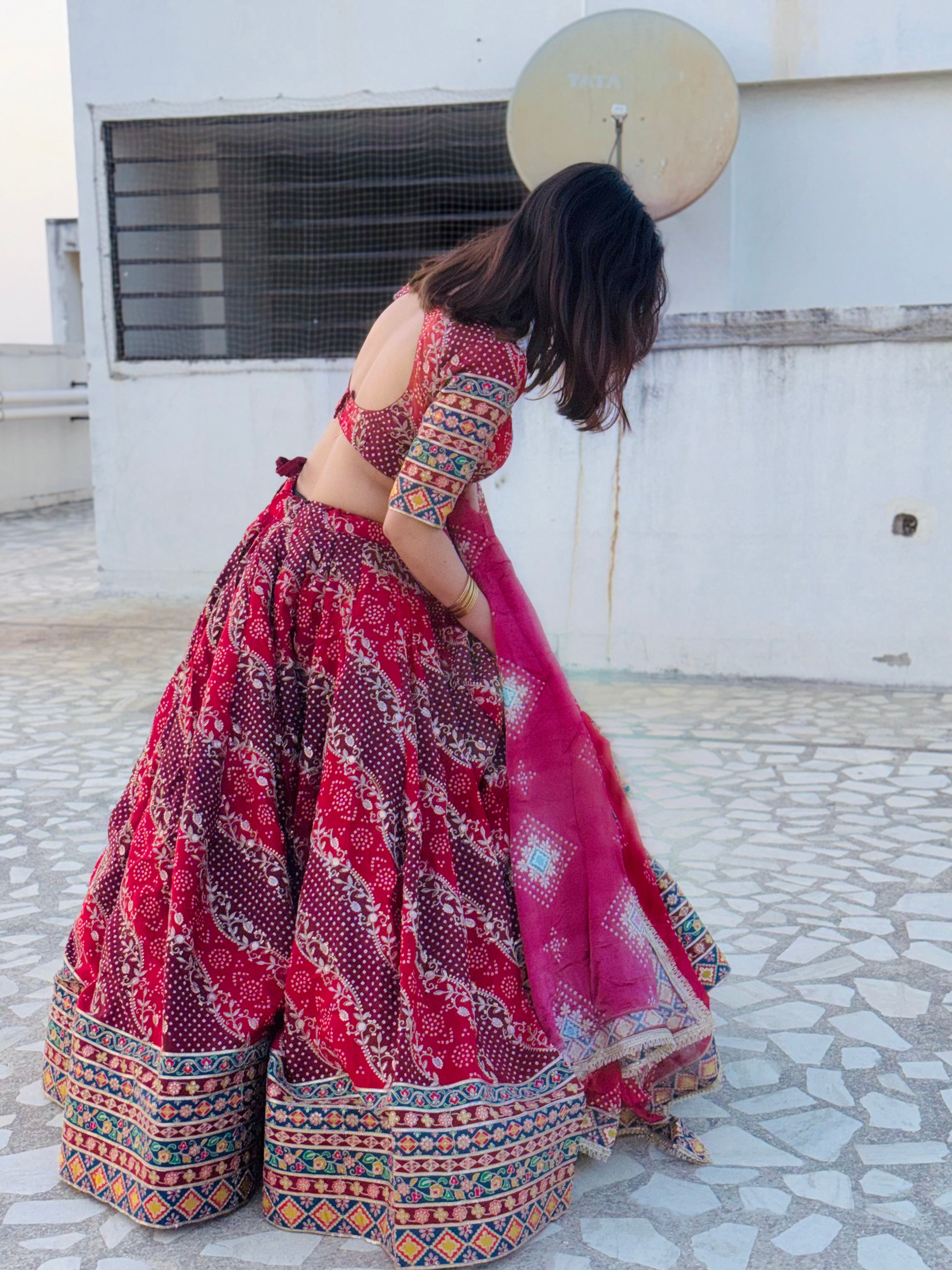 Bairan Lehenga Red | Natural Crepe Jaipuri Print Lehenga with Hand Machine Work
