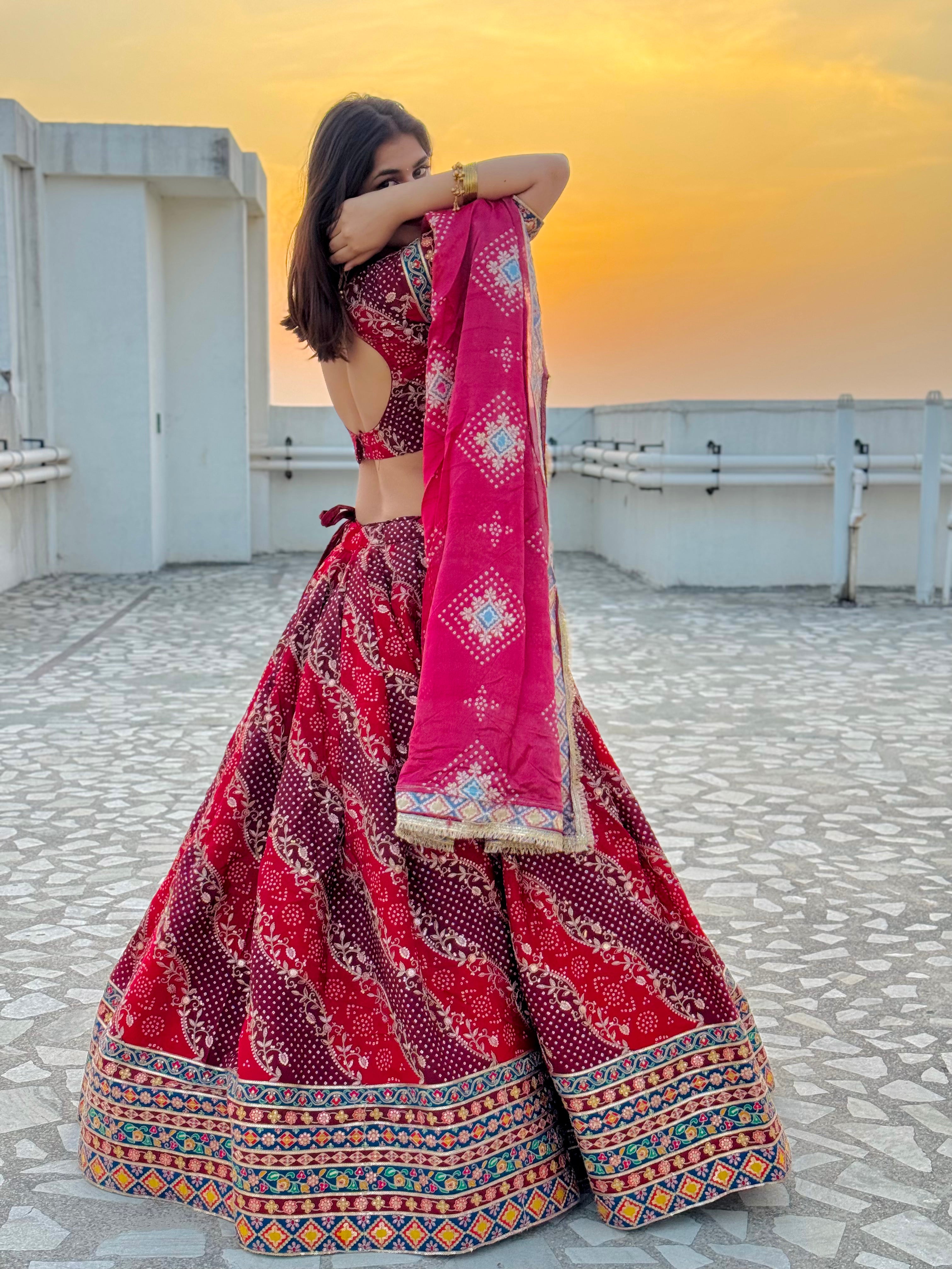 Bairan Lehenga Red | Natural Crepe Jaipuri Print Lehenga with Hand Machine Work