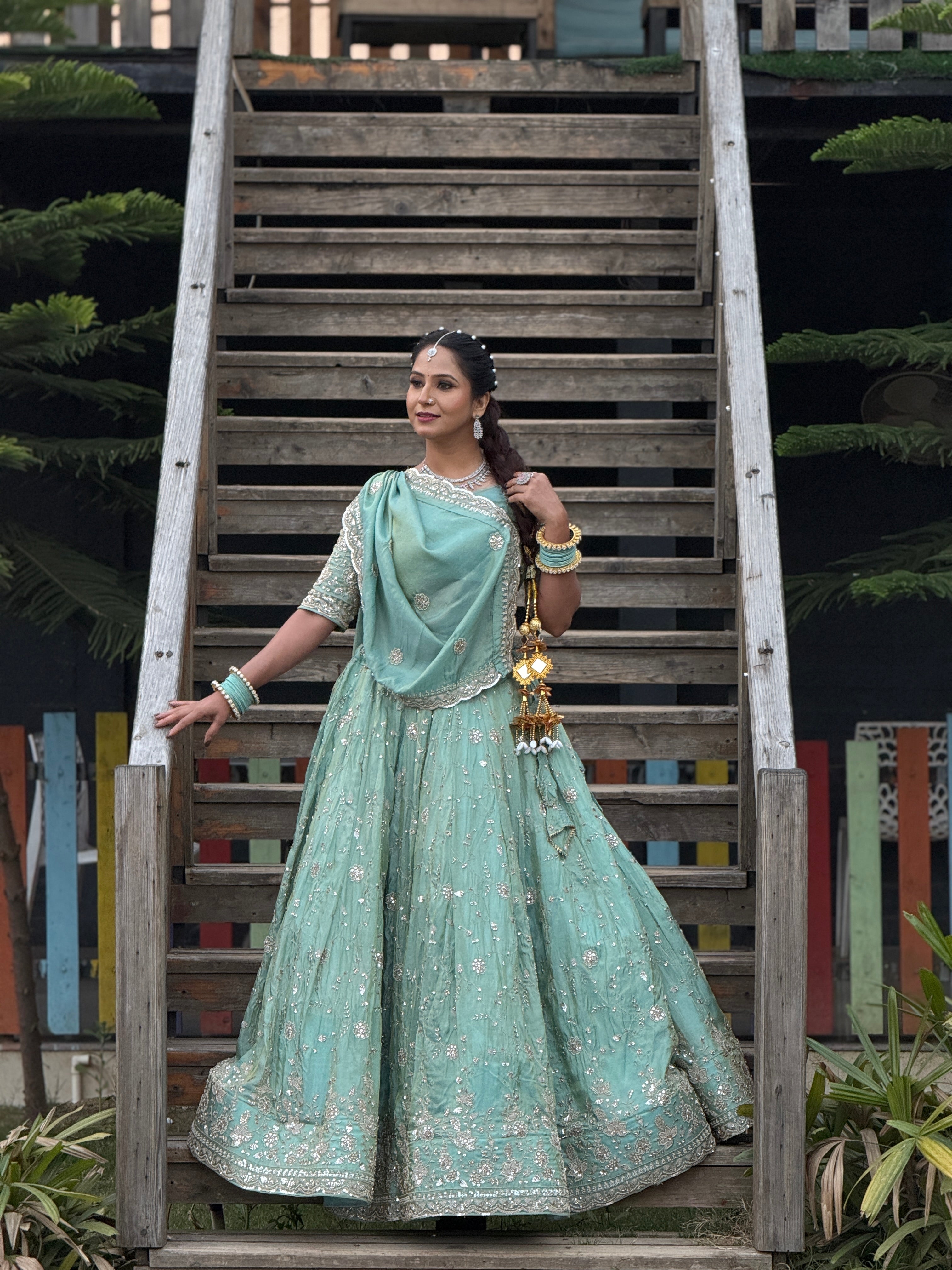 THHAR Mint Green Embroidered Lehenga Choli with Dupatta | Elegant Wedding & Festive Wear