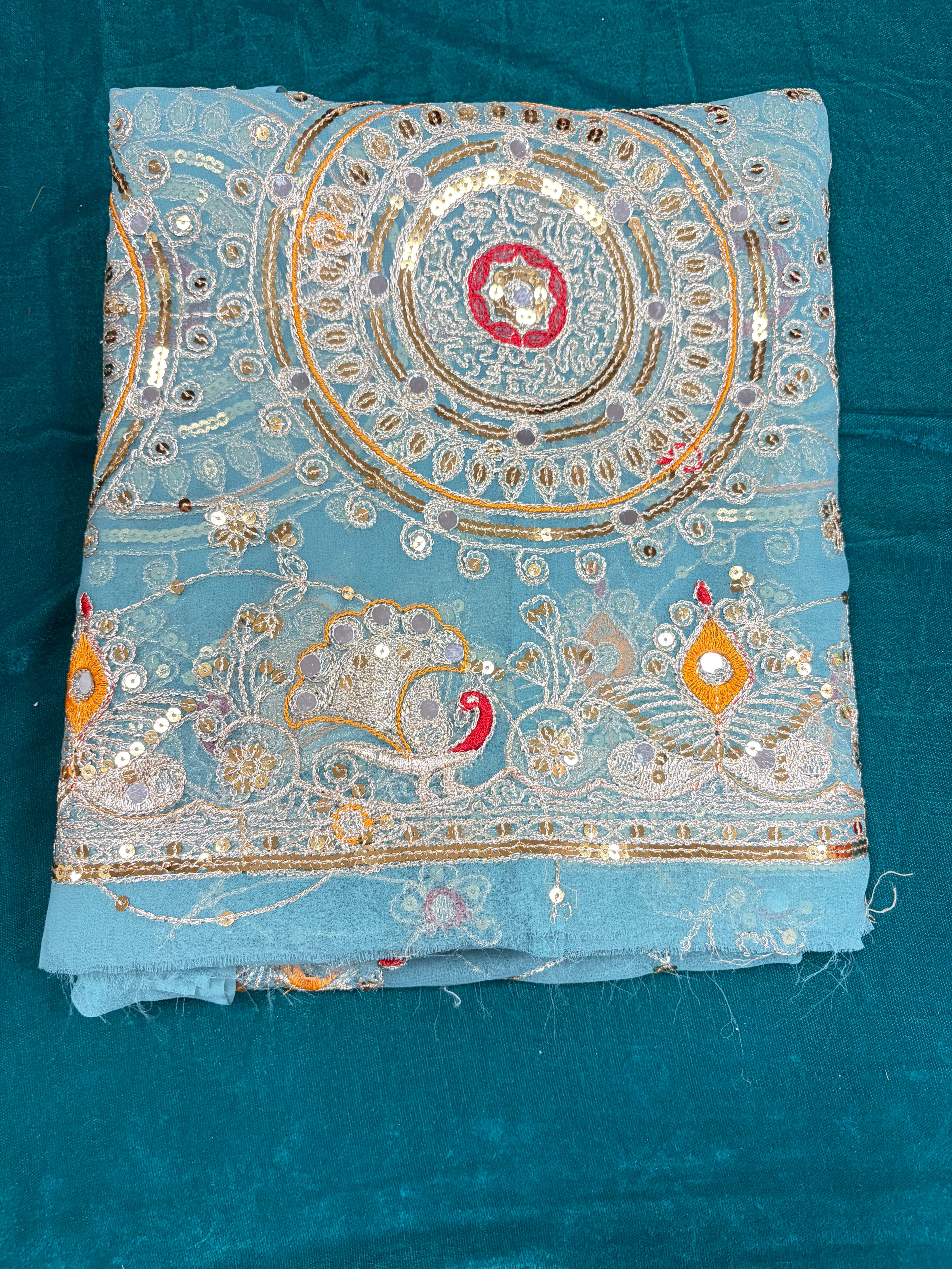 Sky Blue Handwork Odhani | Embroidered Mirror Work Designer Dupatta