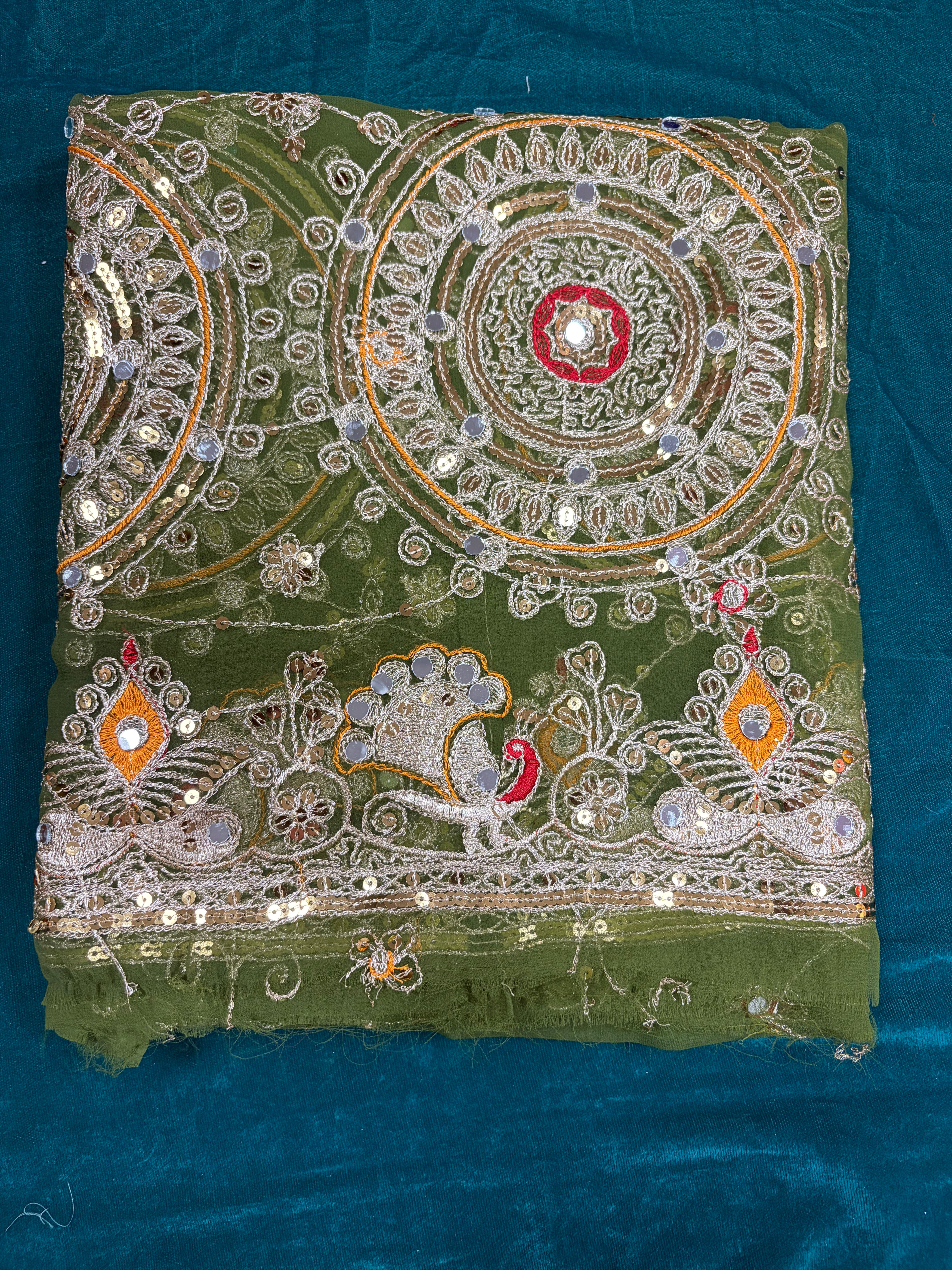 Olive Green Handwork Odhani | Embroidered Mirror Work Traditional Dupatta