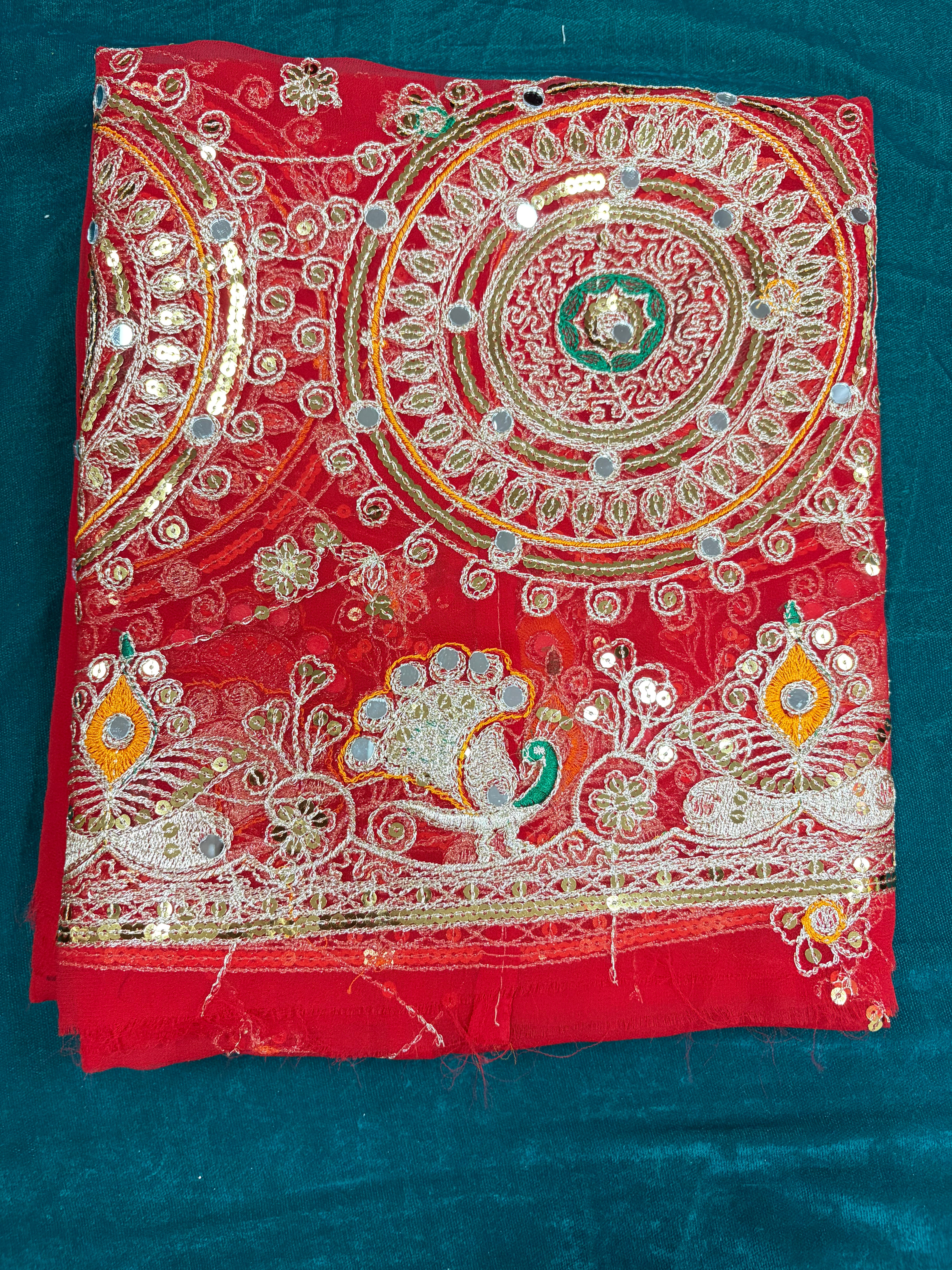 Bright Red Jardozi Odhani with Peacock Motifs | Traditional Bridal Dupatta