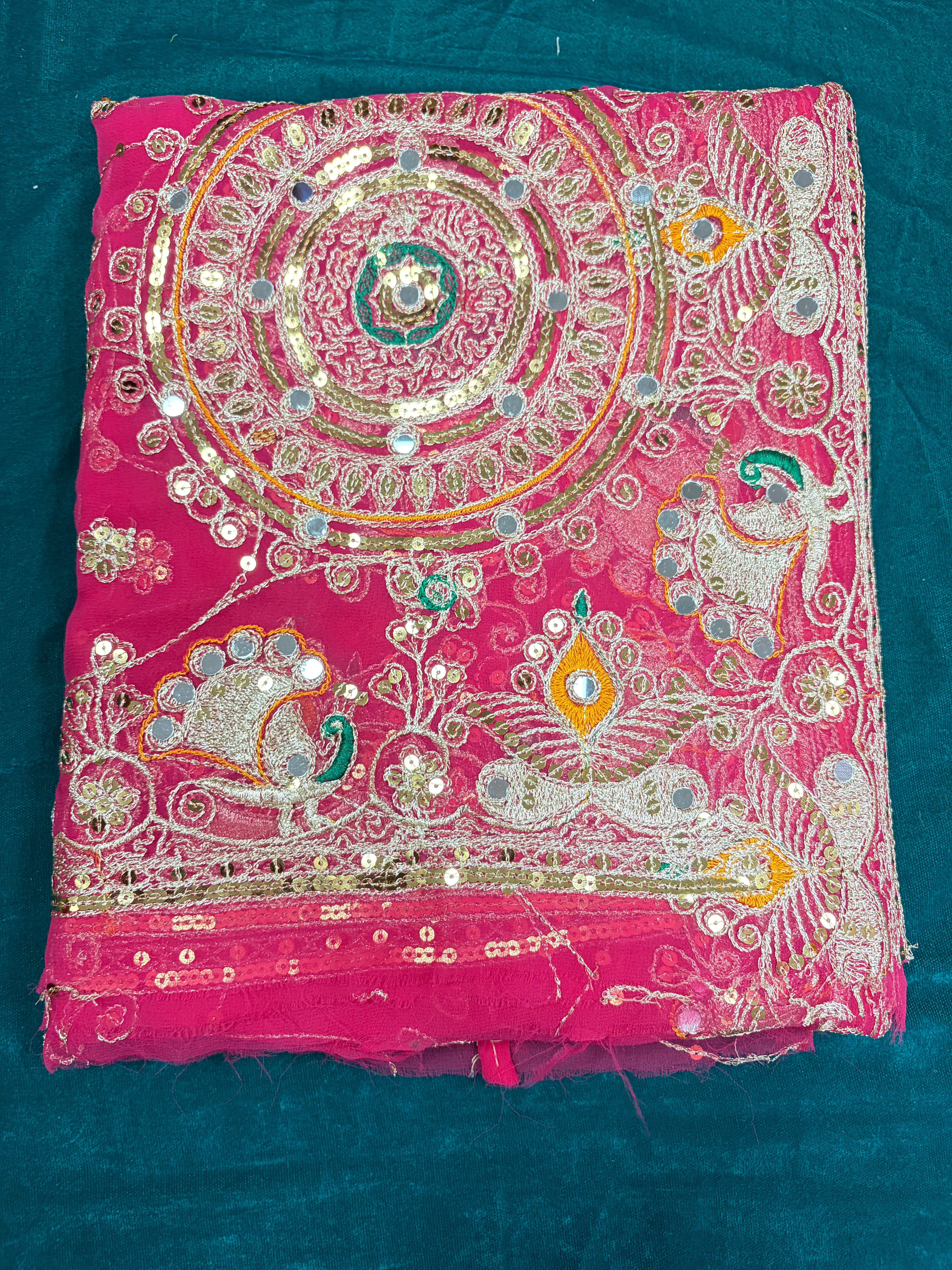 Rani Pink Jardozi Odhani with Peacock Motifs | Bridal Embroidered Dupatta