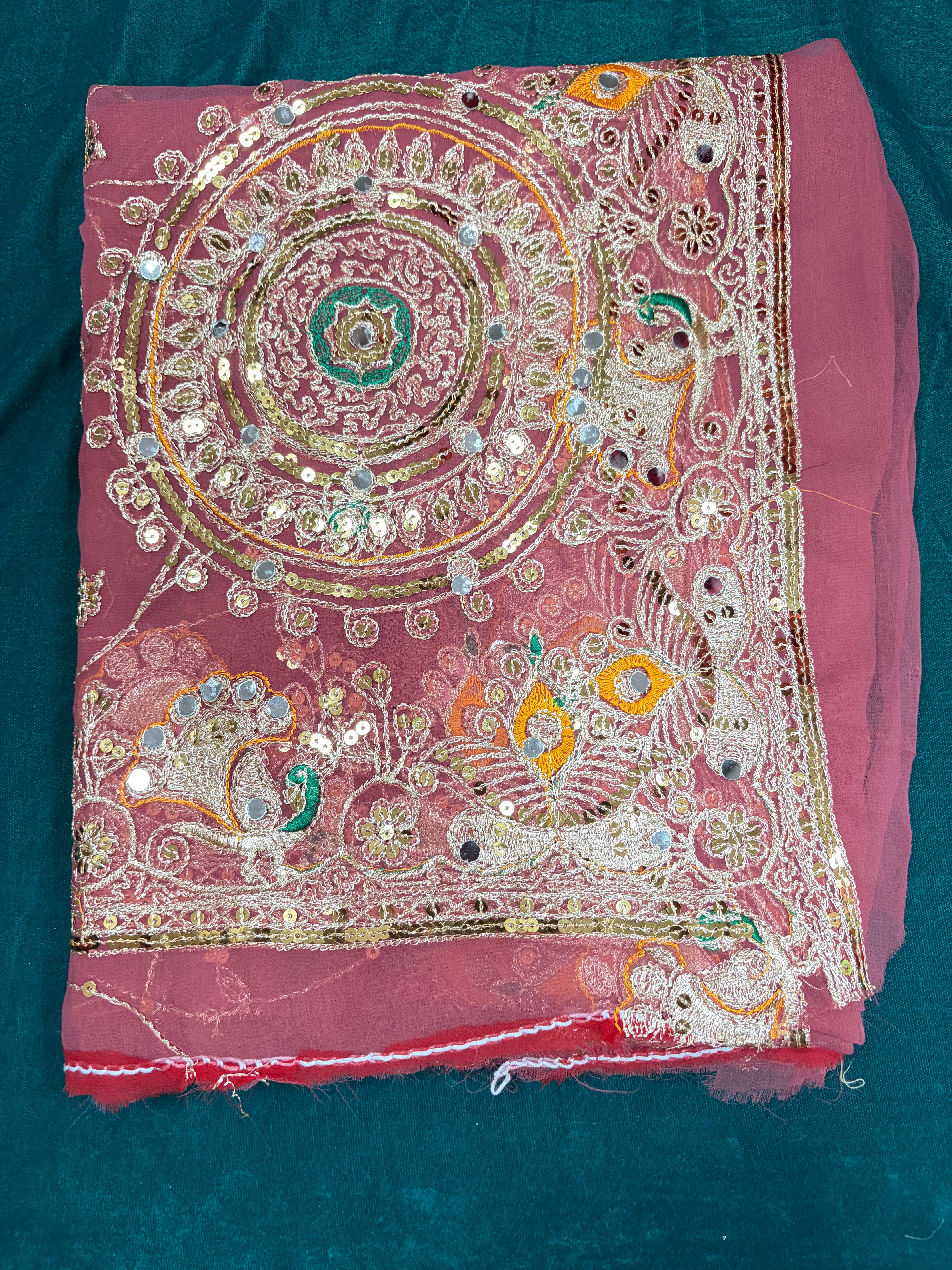 Dusty Rose Pink Jardozi Odhani with Peacock Motifs | Elegant Embroidered Dupatta