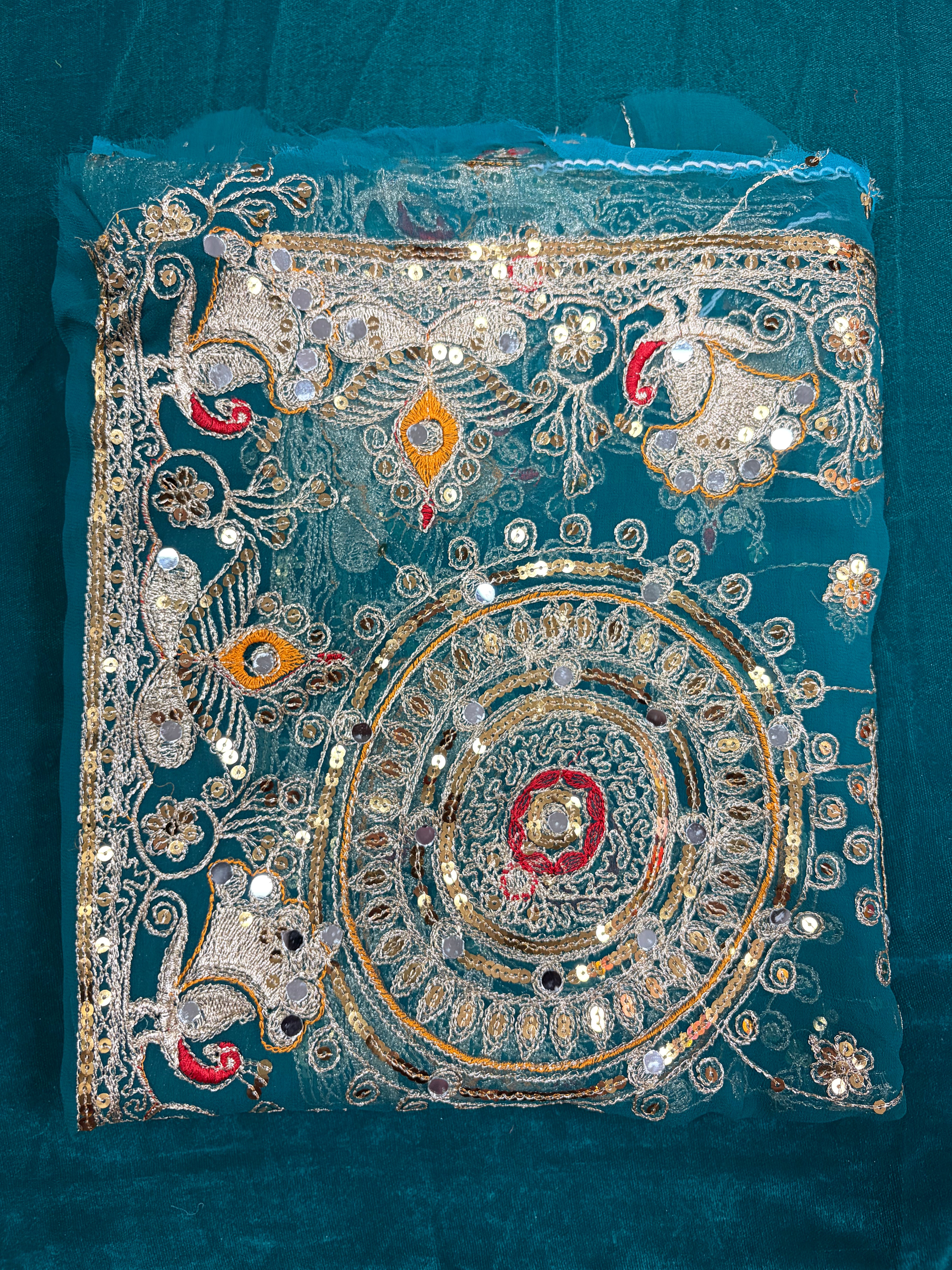 Teal Blue Jardozi Odhani with Mirror Work | Heavy Embroidered Dupatta