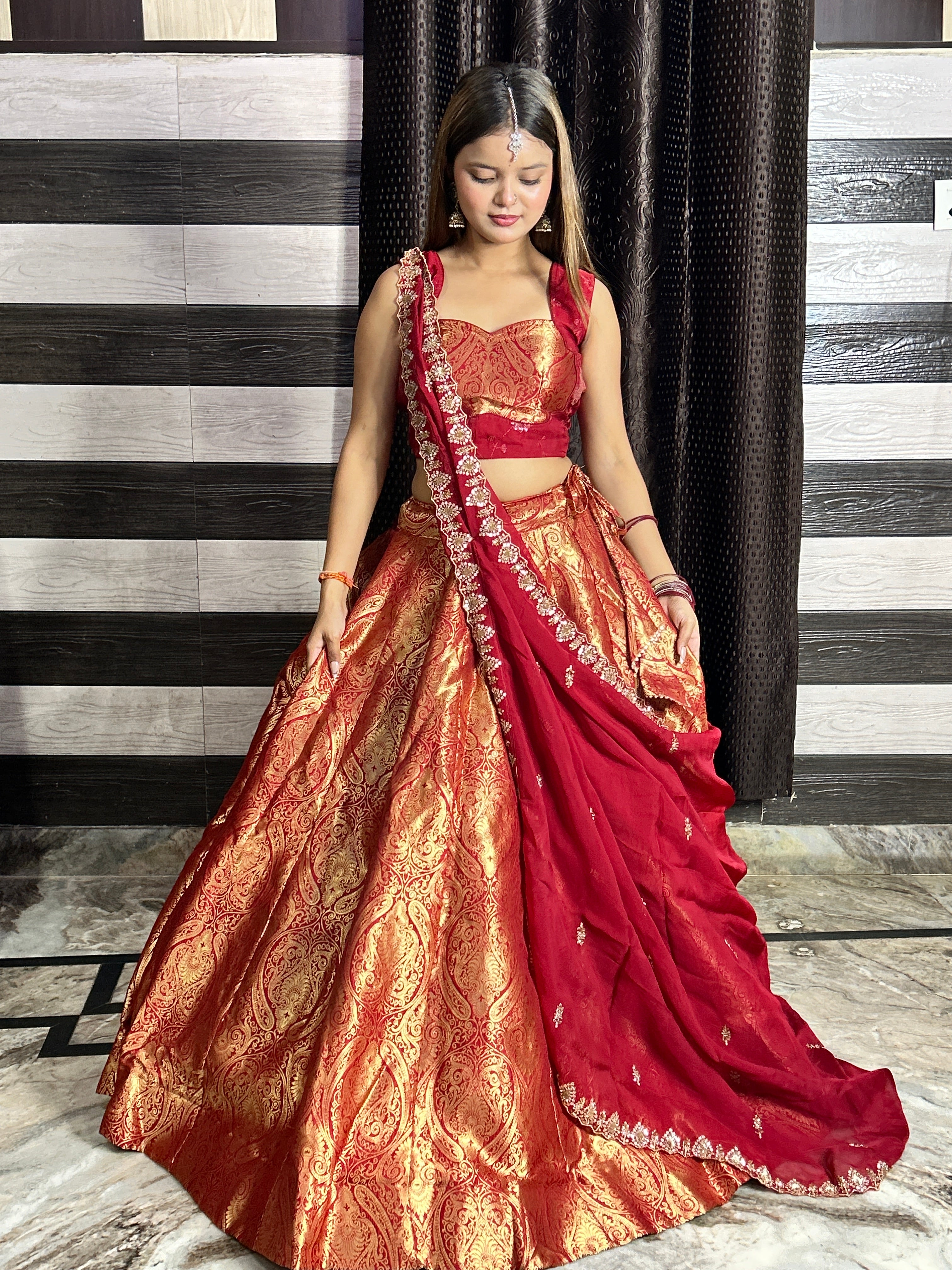 Red & Gold Kanjivaram Lehenga with Dupatta | Wedding Wear