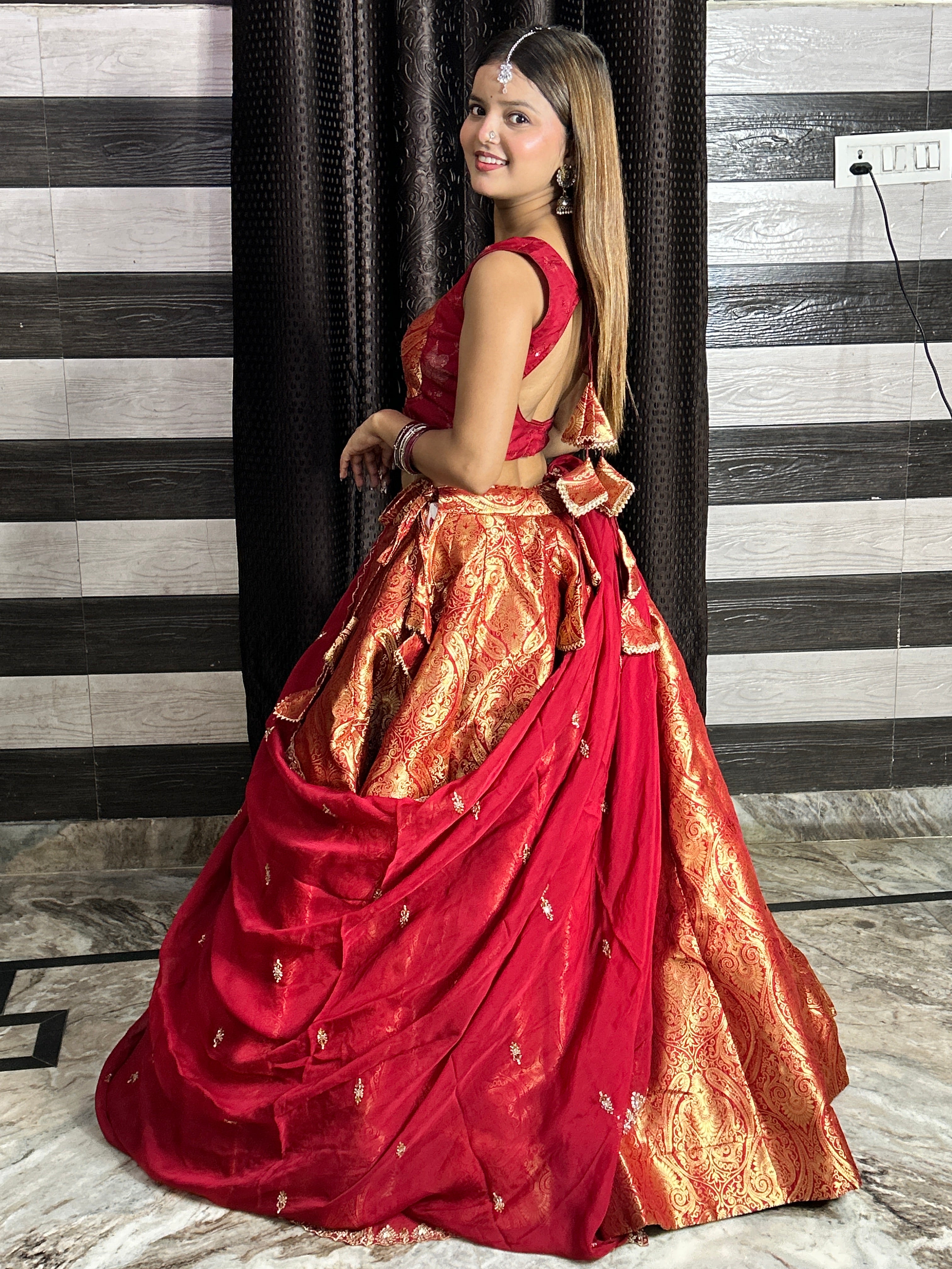 Red & Gold Kanjivaram Lehenga with Dupatta | Wedding Wear
