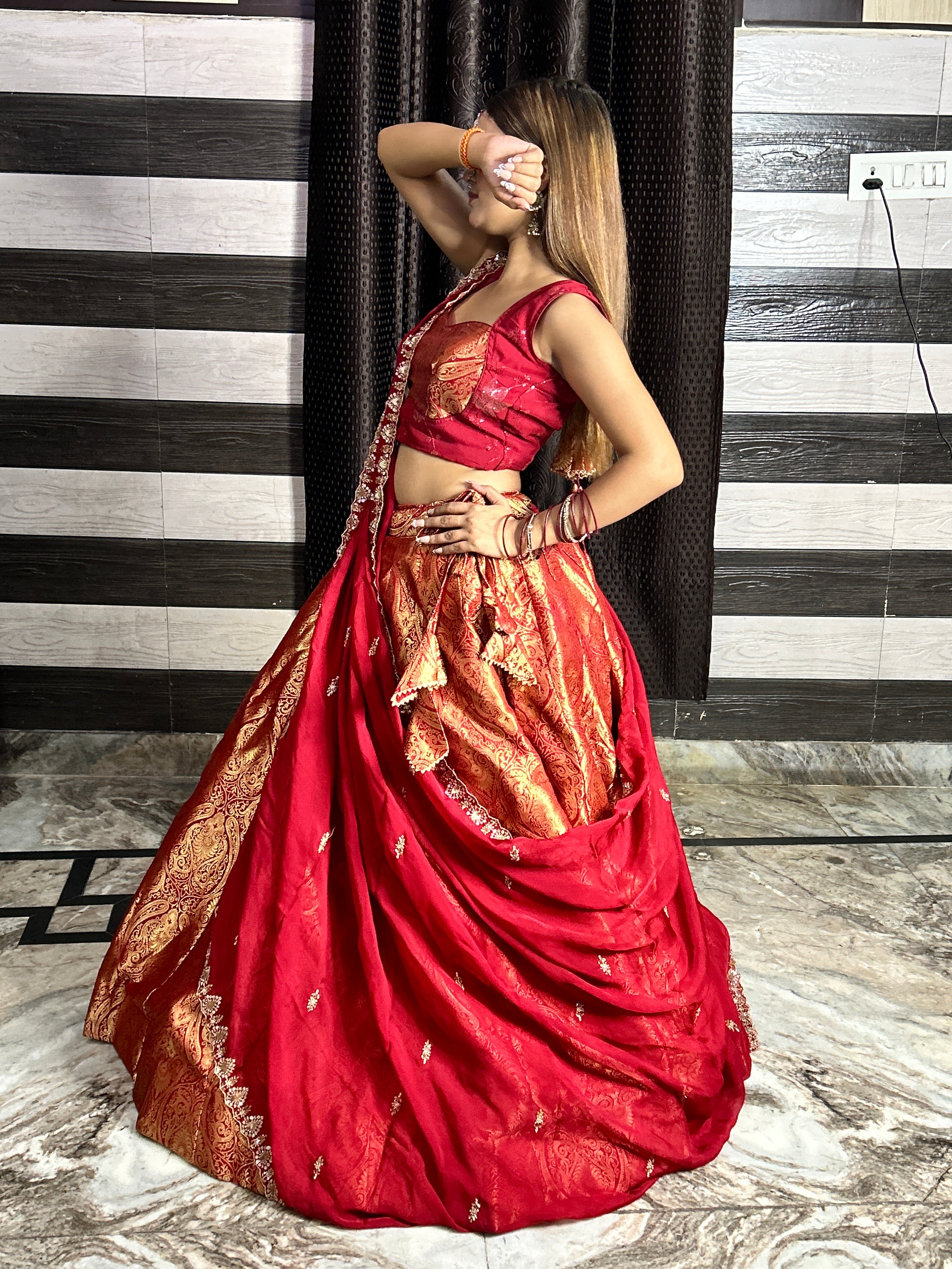 Red & Gold Kanjivaram Lehenga with Dupatta | Wedding Wear