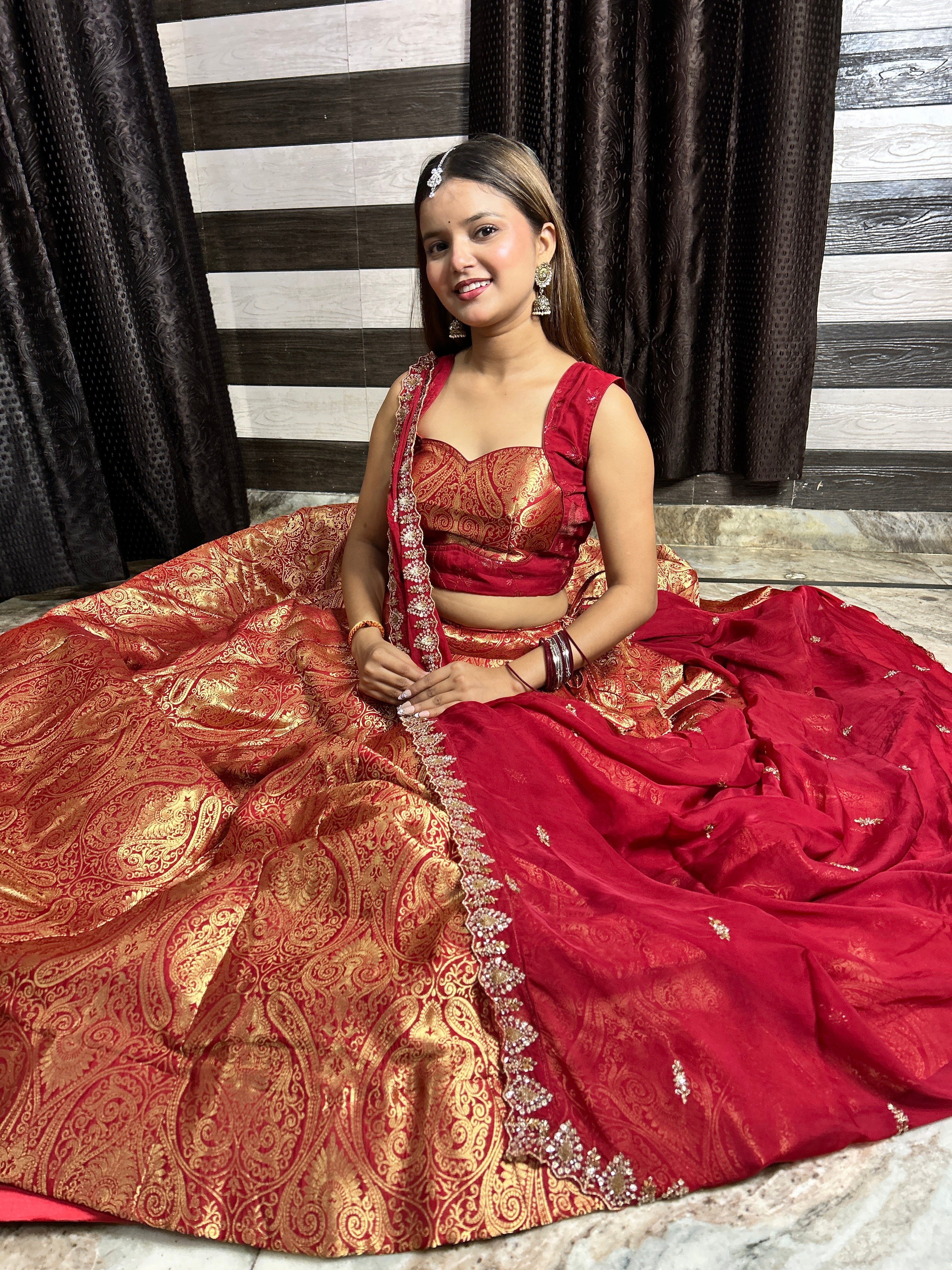 Red & Gold Kanjivaram Lehenga with Dupatta | Wedding Wear