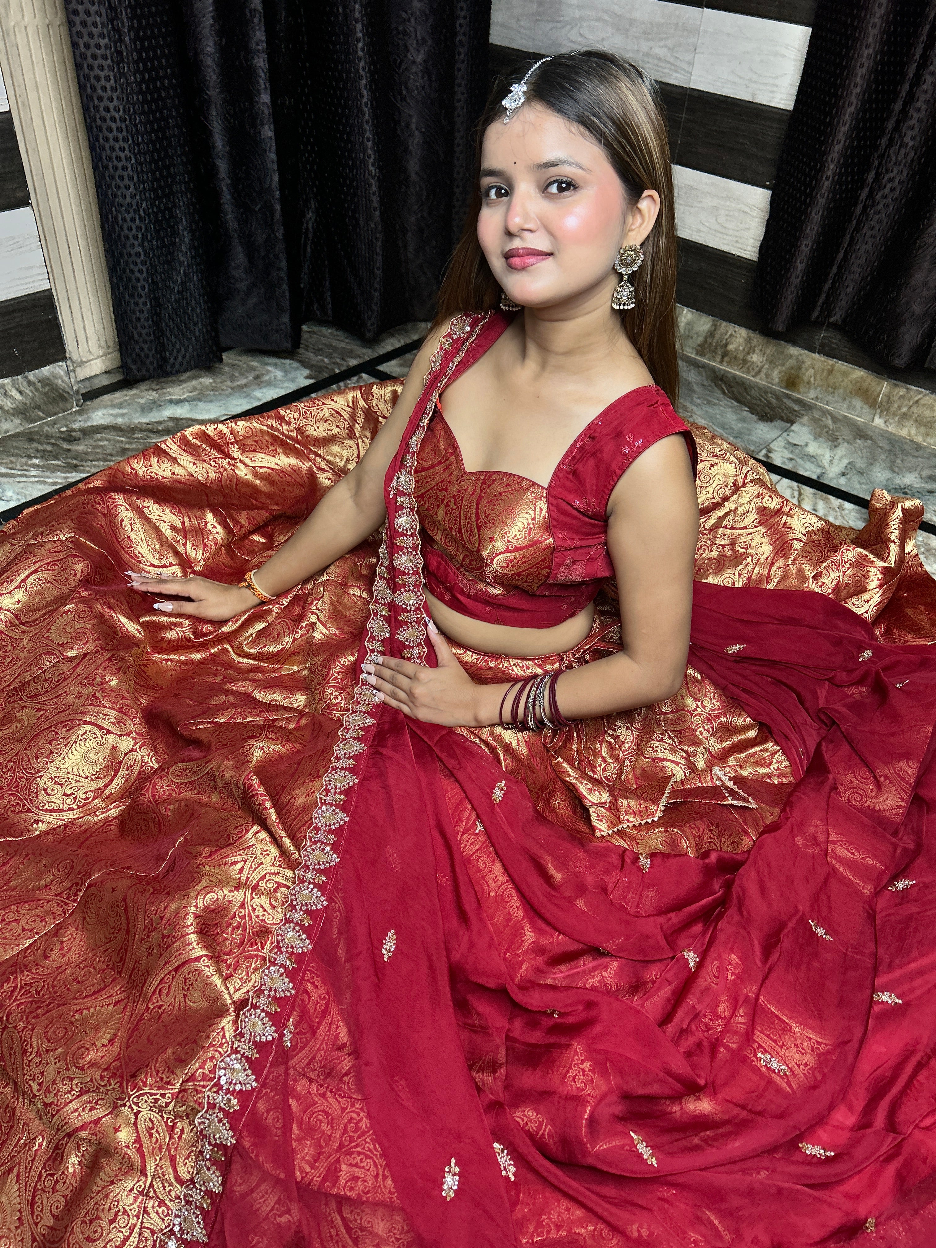 Red & Gold Kanjivaram Lehenga with Dupatta | Wedding Wear