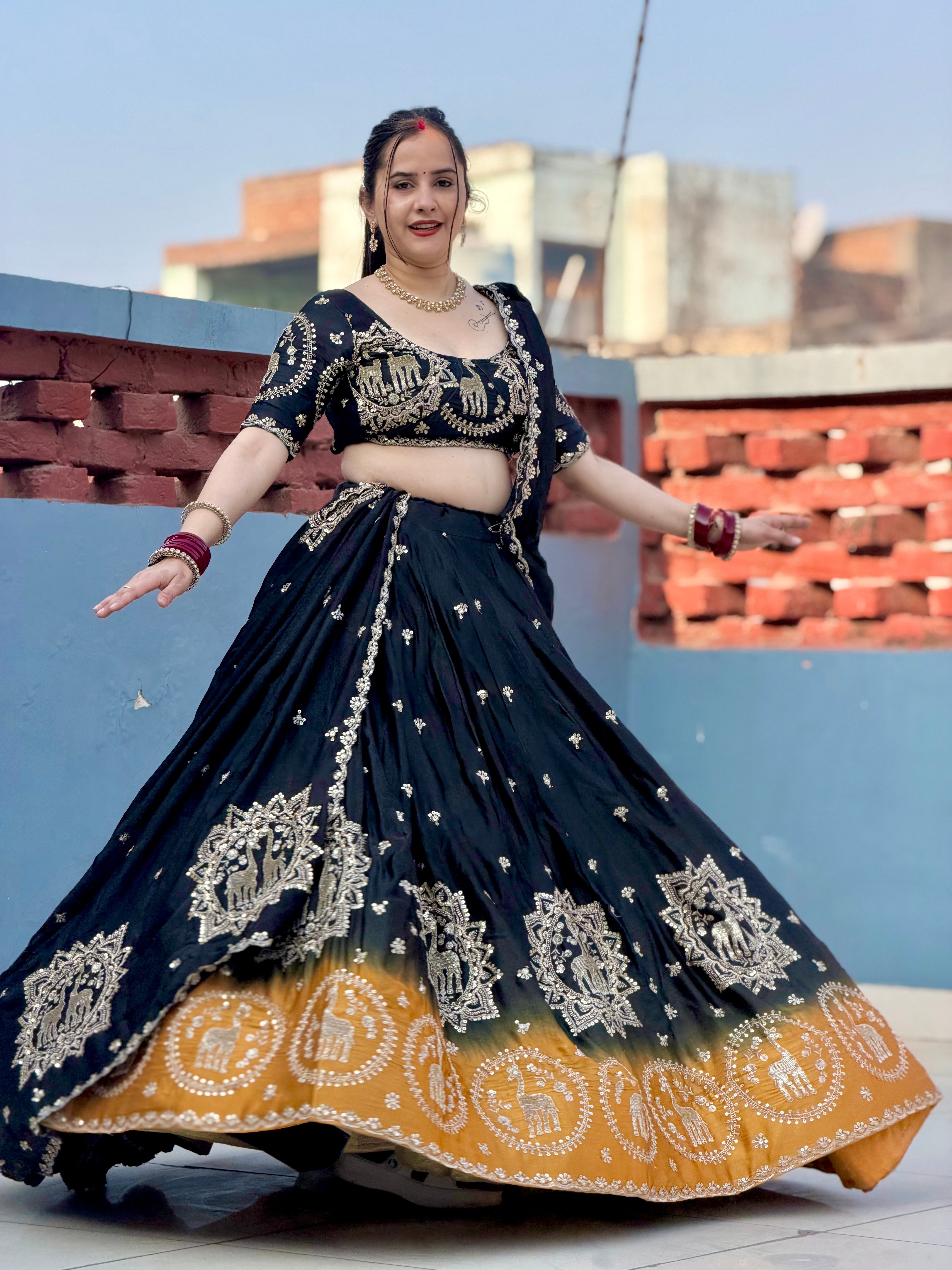 Maru Gamini Black & Mustard Lehenga Choli | Festive & Wedding Wear – Radhika Boutique