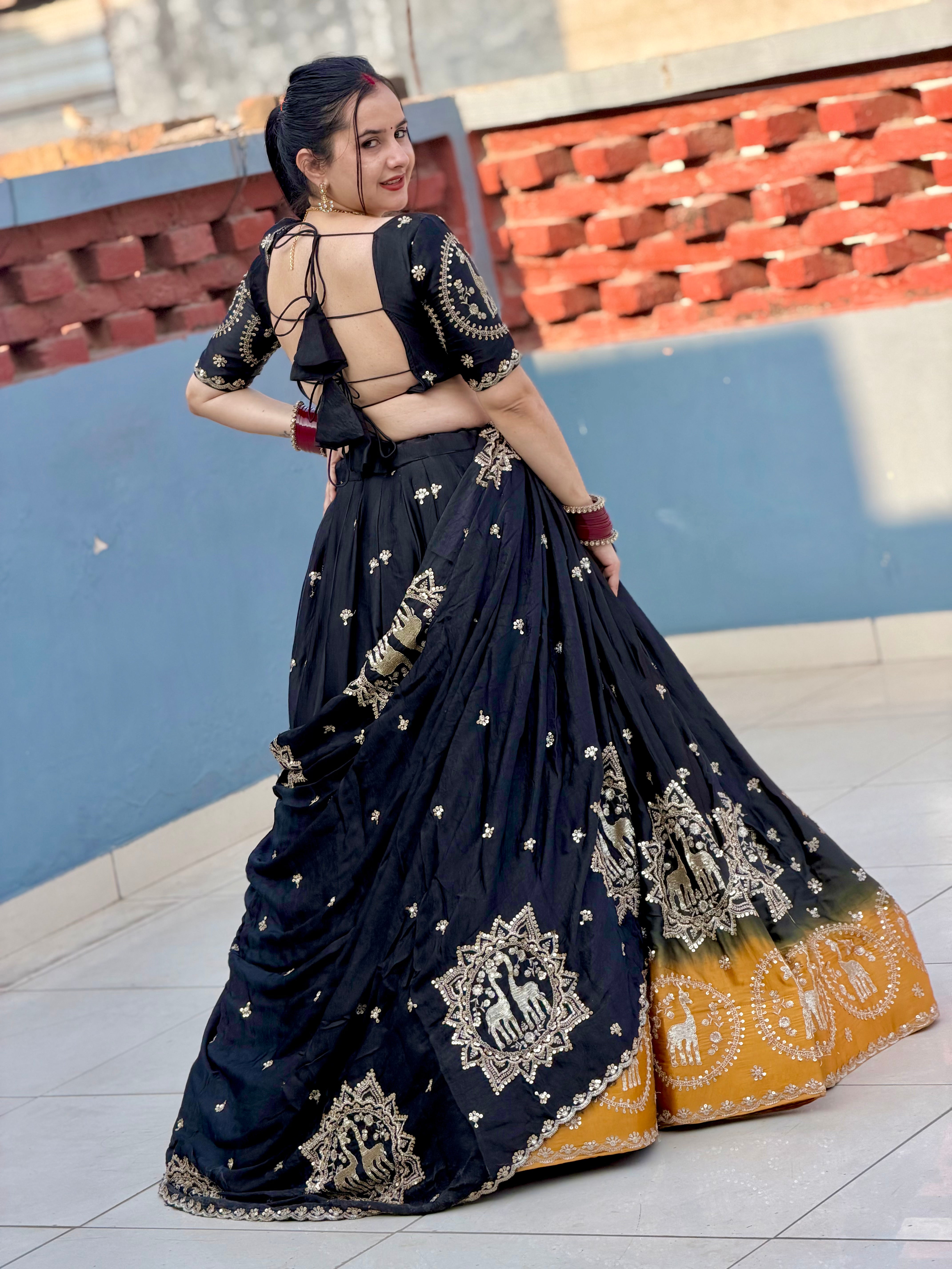 Maru Gamini Black & Mustard Lehenga Choli | Festive & Wedding Wear – Radhika Boutique