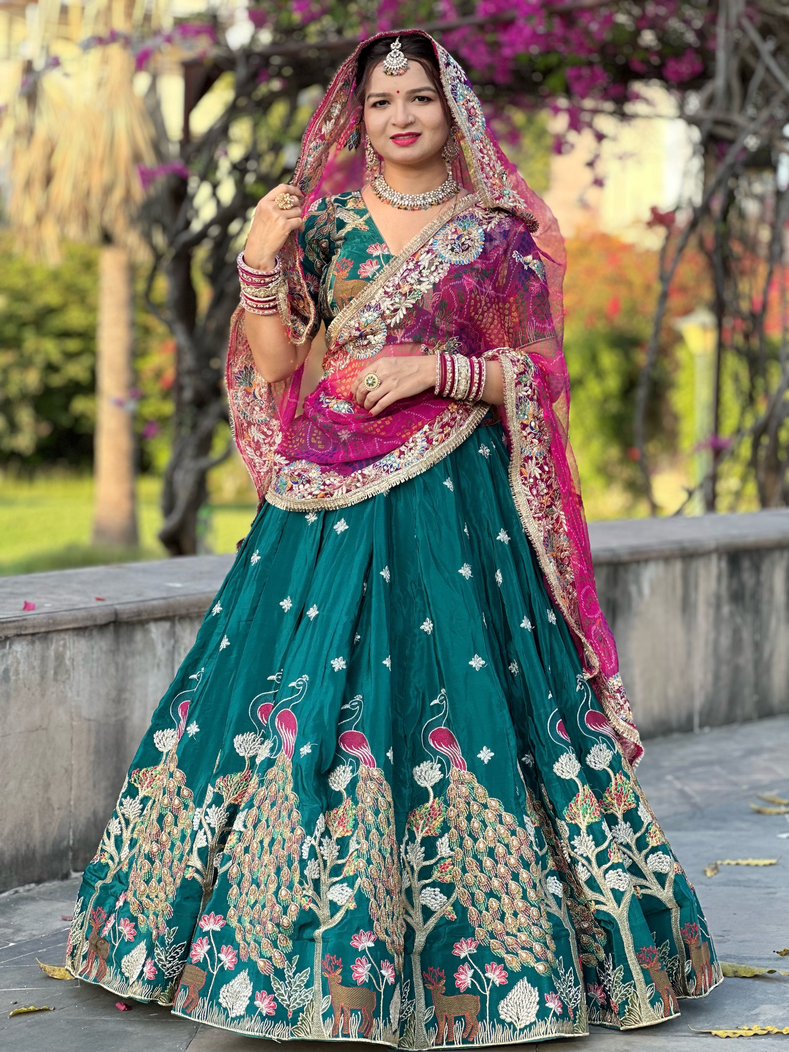 Green Peacock Embroidered Lehenga with Pink Dupatta