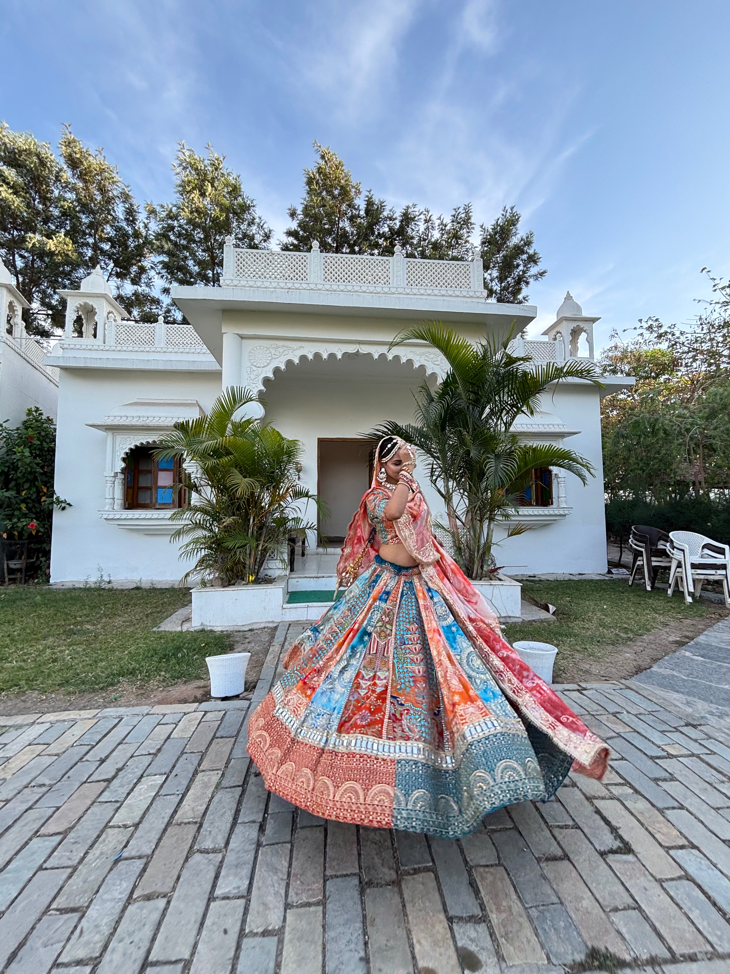 Zariya Multicolor with orange odhni Designer Lehenga | Royal Ethnic Wedding & Festive Wear