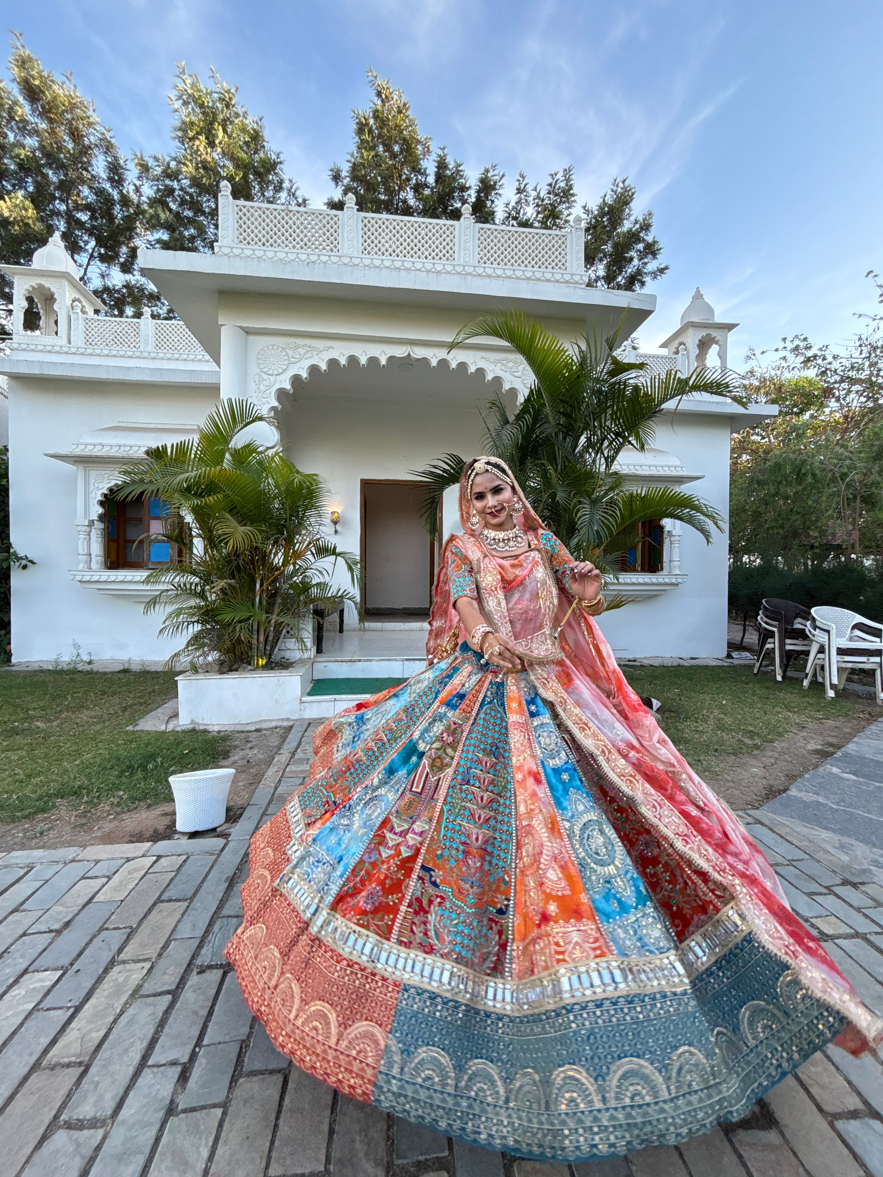 Zariya Multicolor with orange odhni Designer Lehenga | Royal Ethnic Wedding & Festive Wear