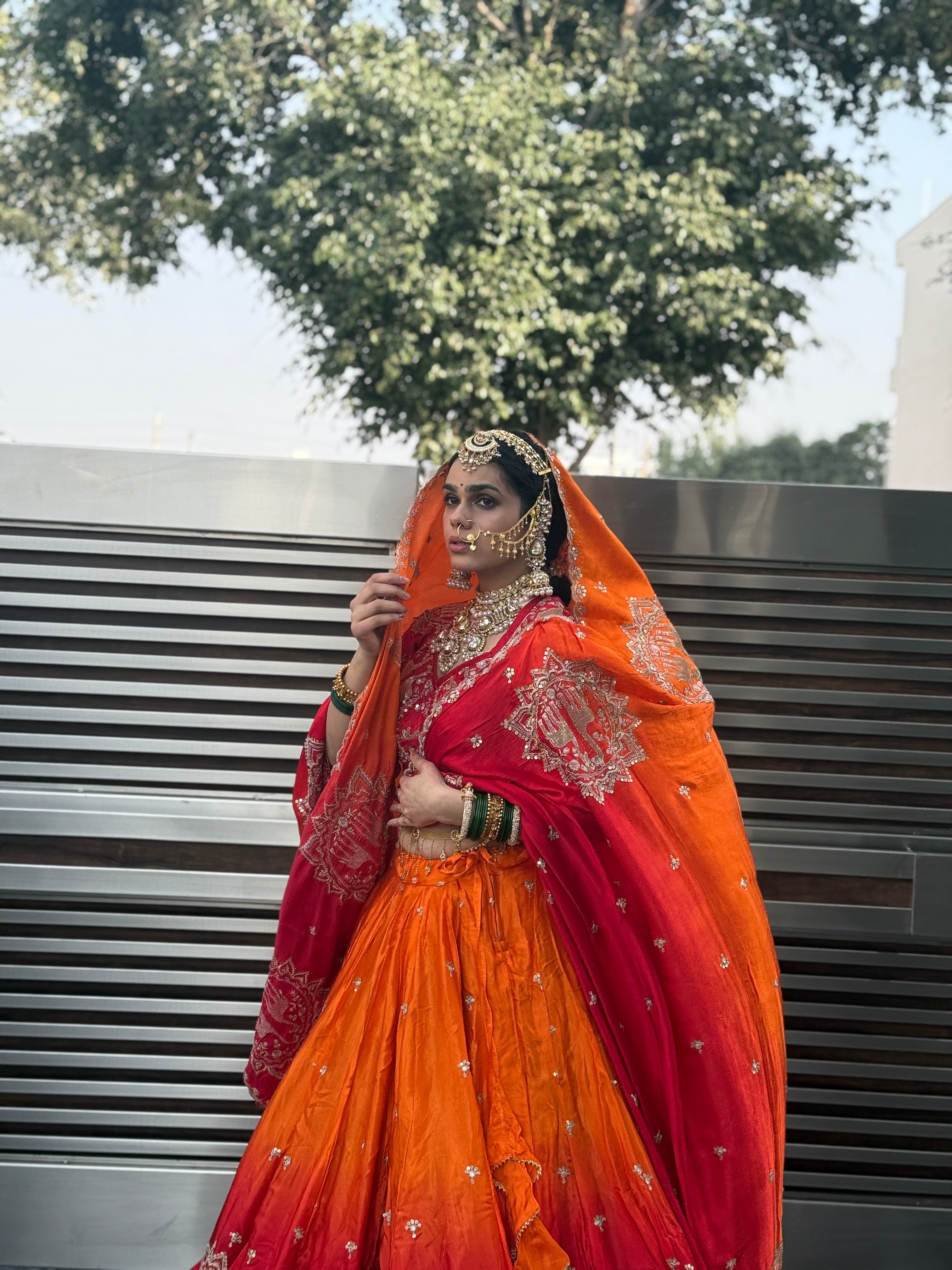 Red Orange Ombre Heavy Embroidered Lehenga | Designer Wedding Wear | Radhika Boutique