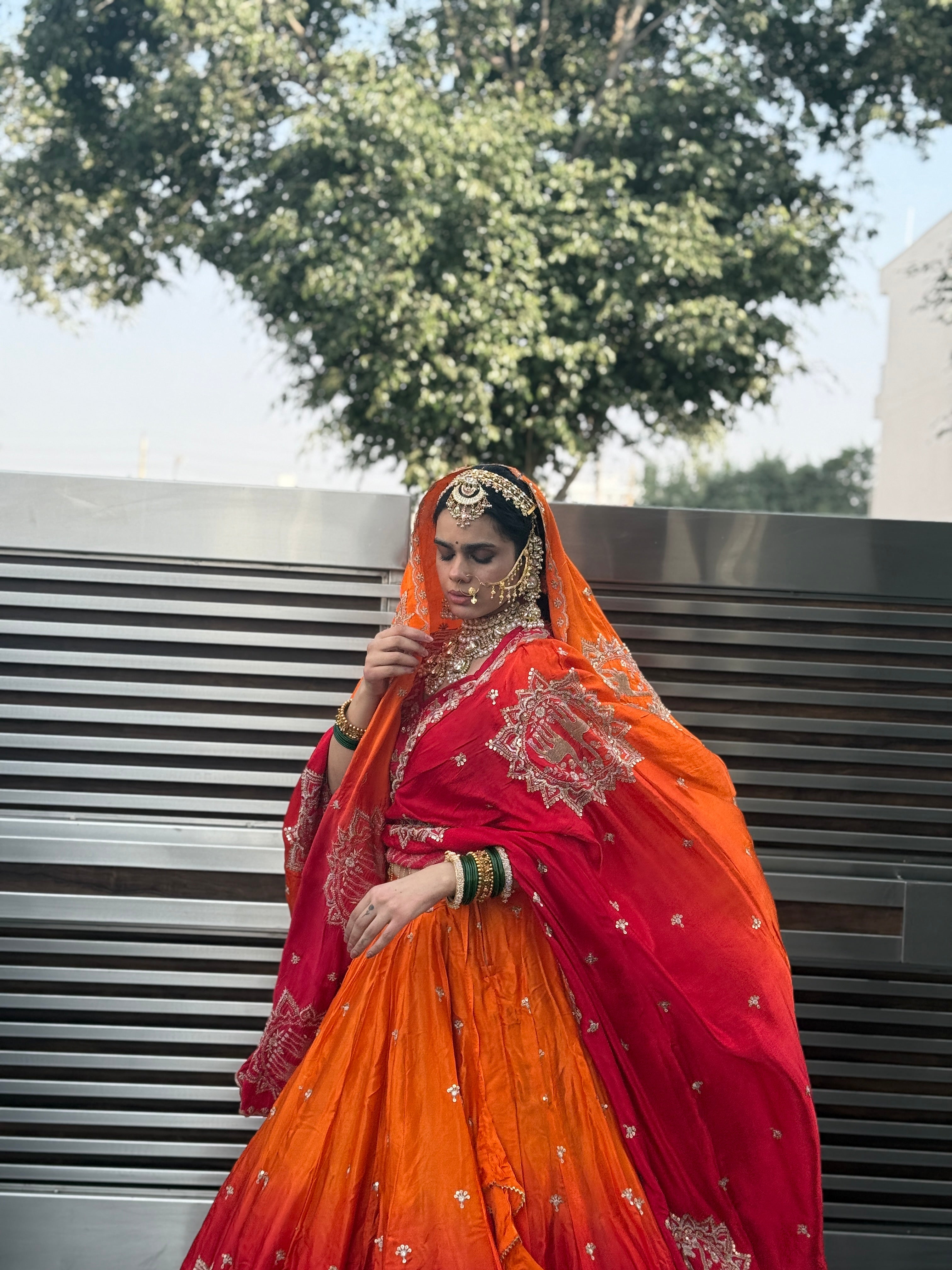 Red Orange Ombre Heavy Embroidered Lehenga | Designer Wedding Wear | Radhika Boutique