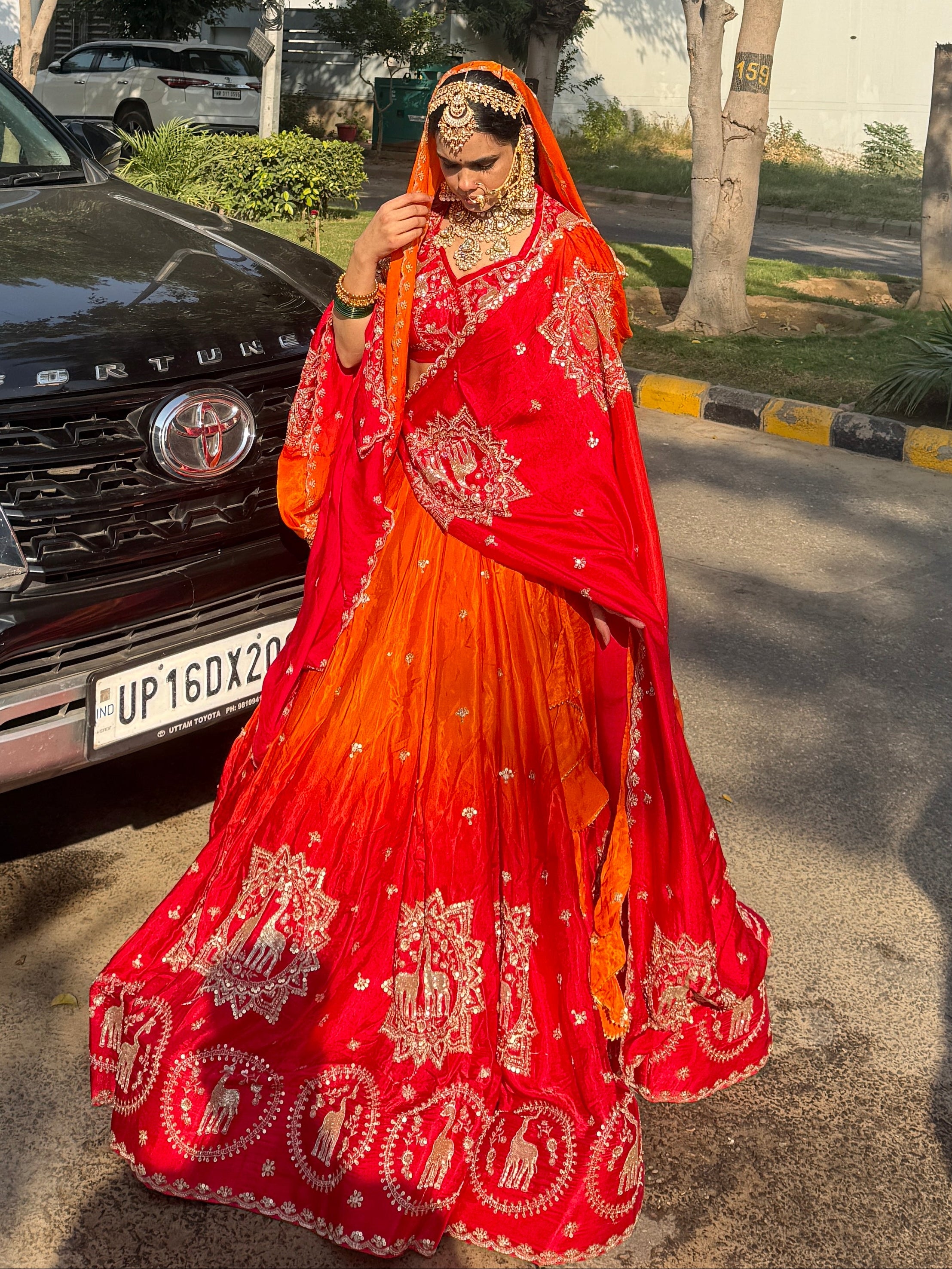 Red Orange Ombre Heavy Embroidered Lehenga | Designer Wedding Wear | Radhika Boutique