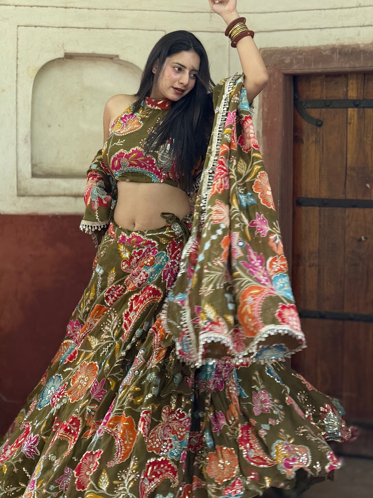 Olive Green Jugni Lehenga with Multicolor Floral Embroidery