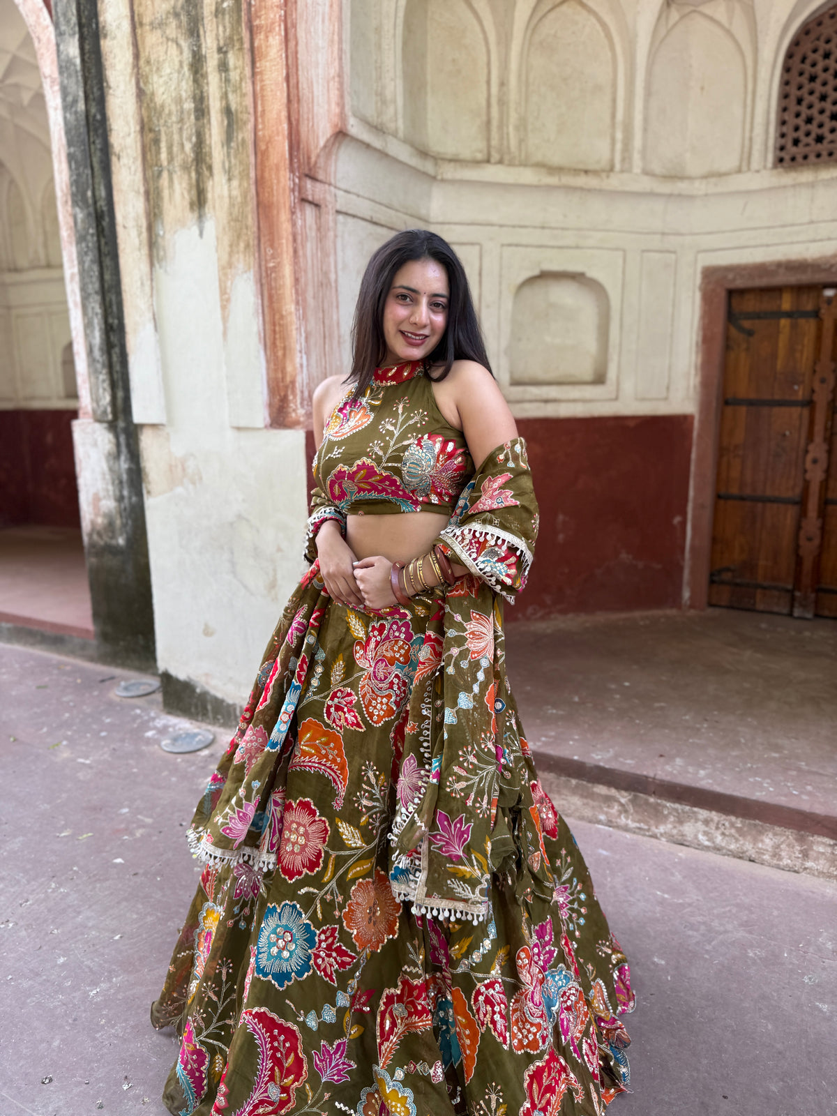 Olive Green Jugni Lehenga with Multicolor Floral Embroidery