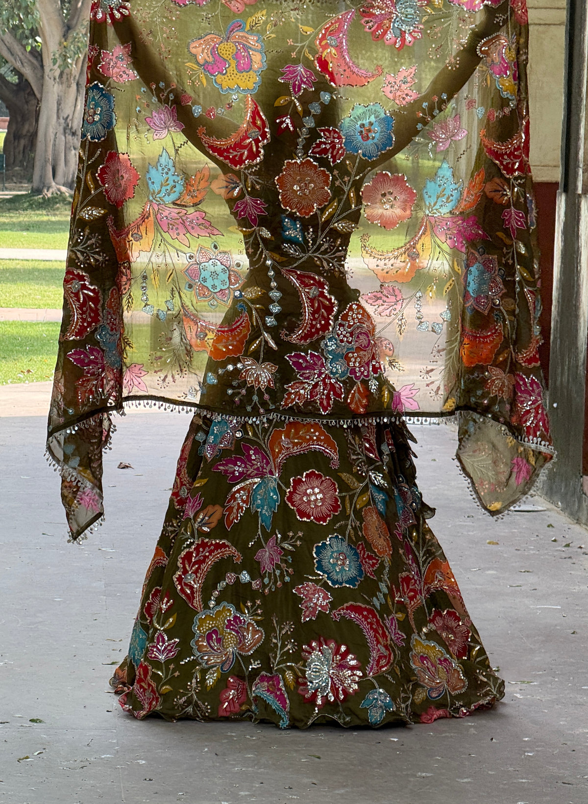 Olive Green Jugni Lehenga with Multicolor Floral Embroidery