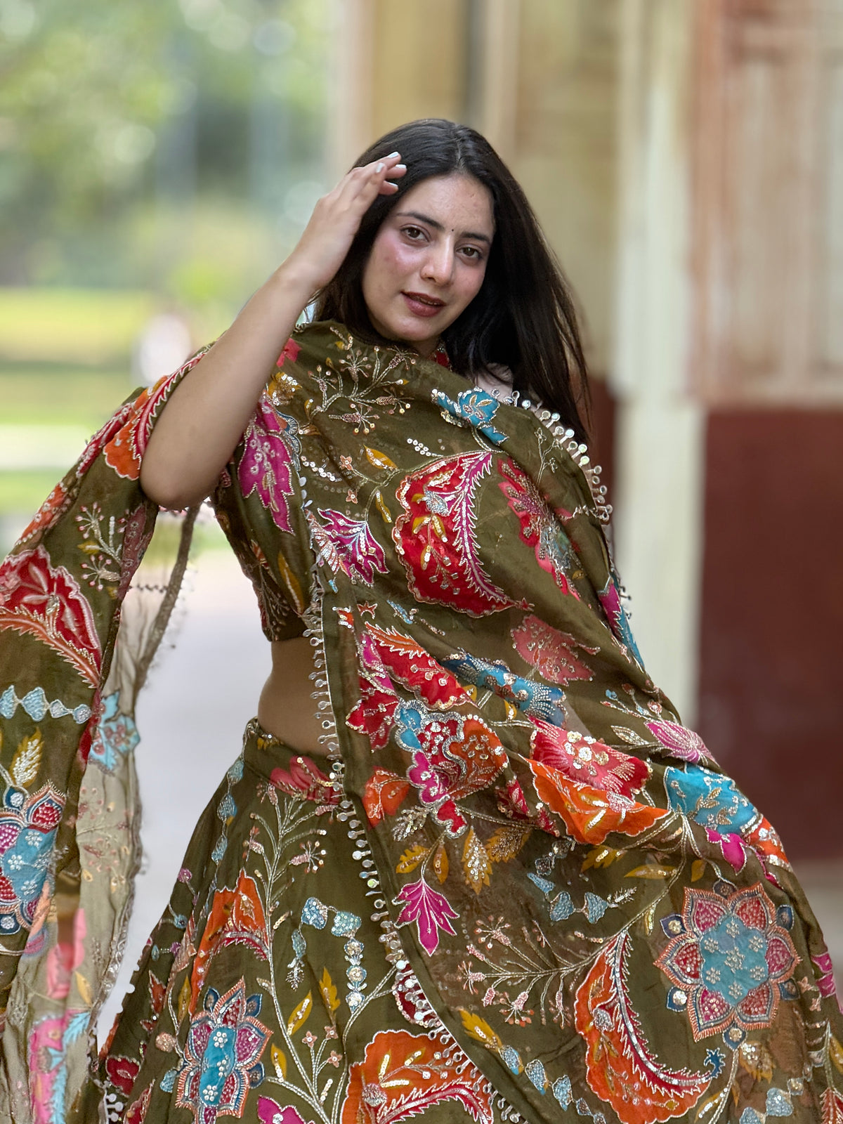 Olive Green Jugni Lehenga with Multicolor Floral Embroidery