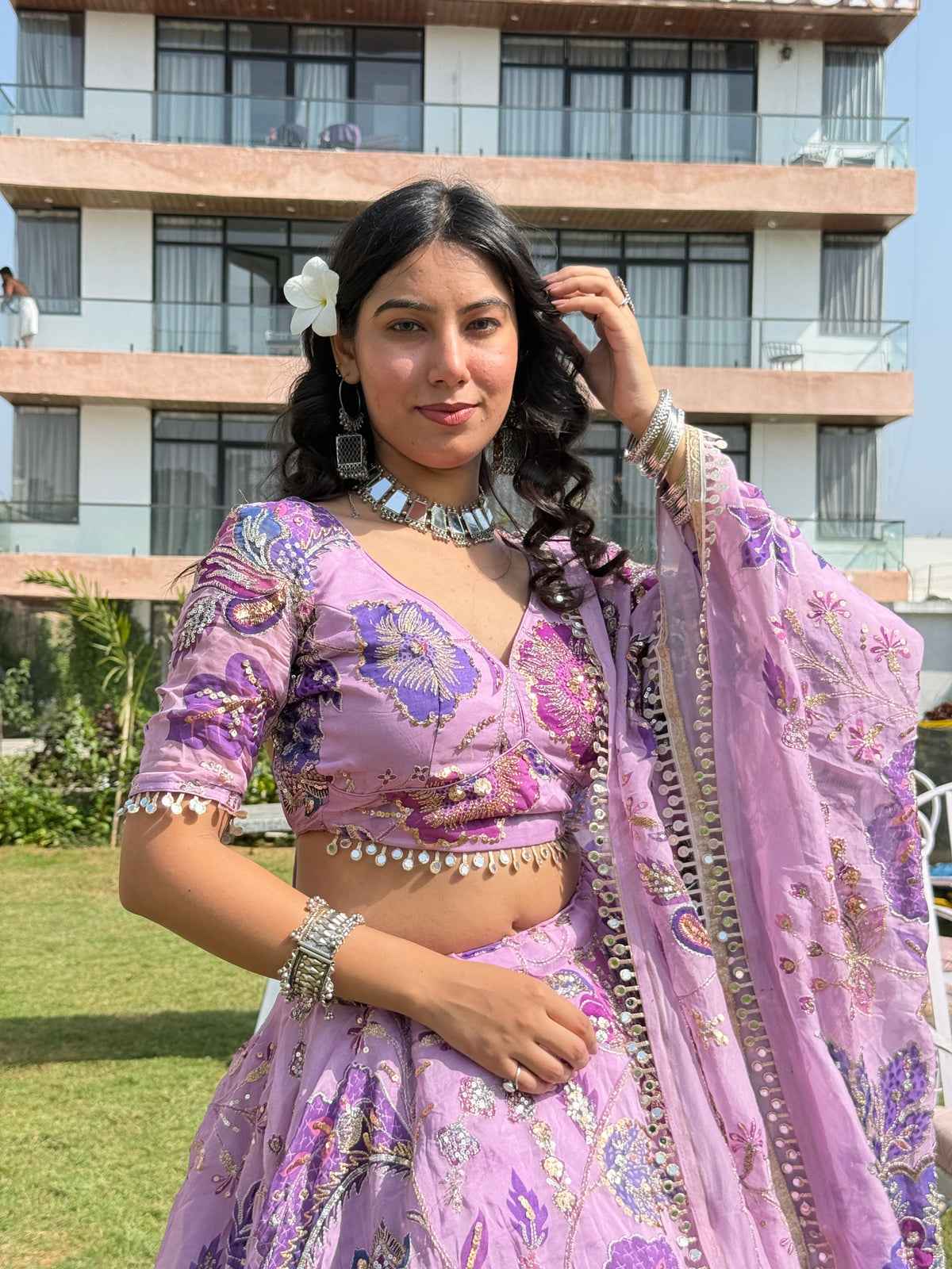 Lavender Jugni Lehenga with Floral Embroidery | Designer Wear