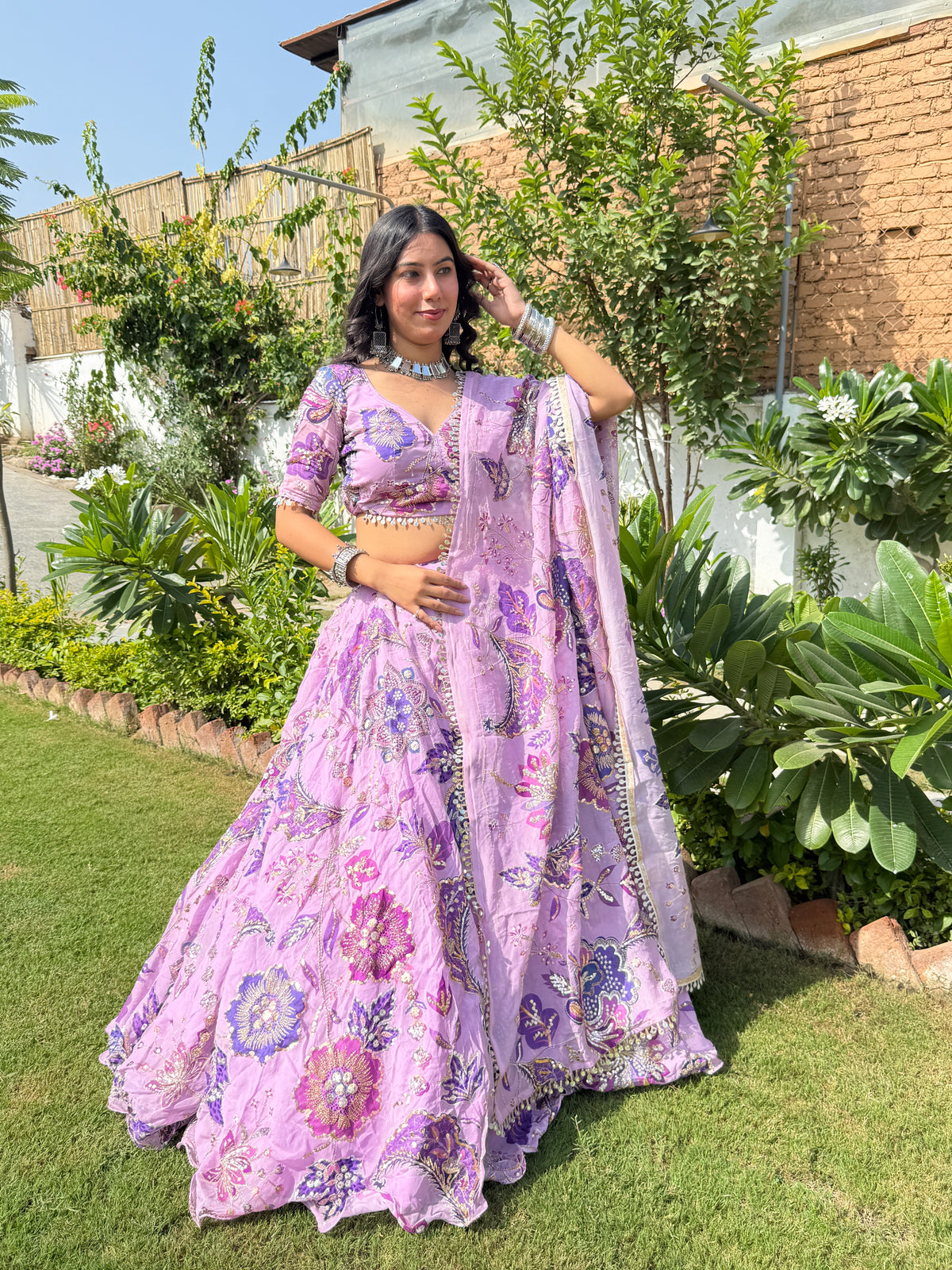 Lavender Jugni Lehenga with Floral Embroidery | Designer Wear