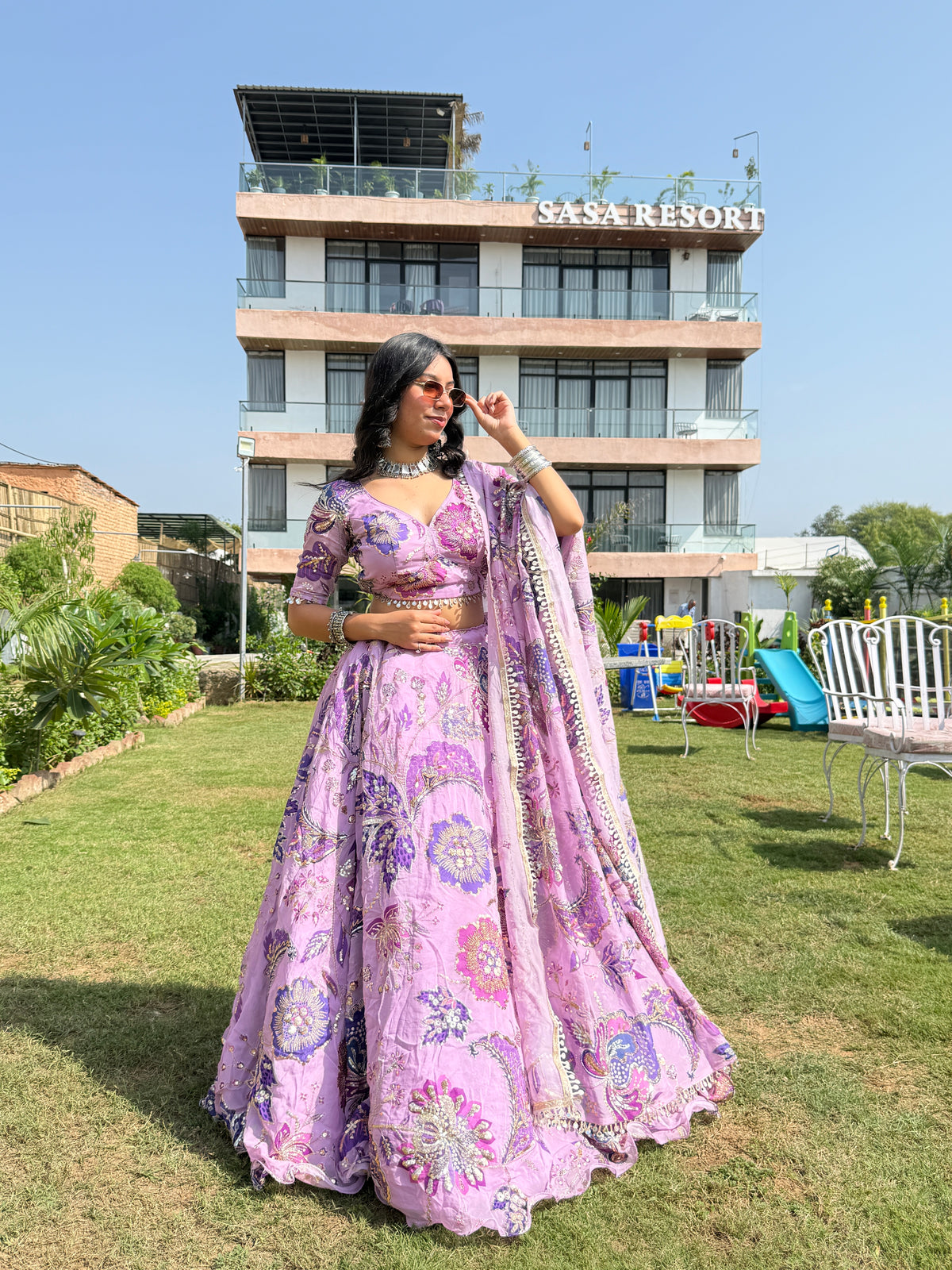Lavender Jugni Lehenga with Floral Embroidery | Designer Wear