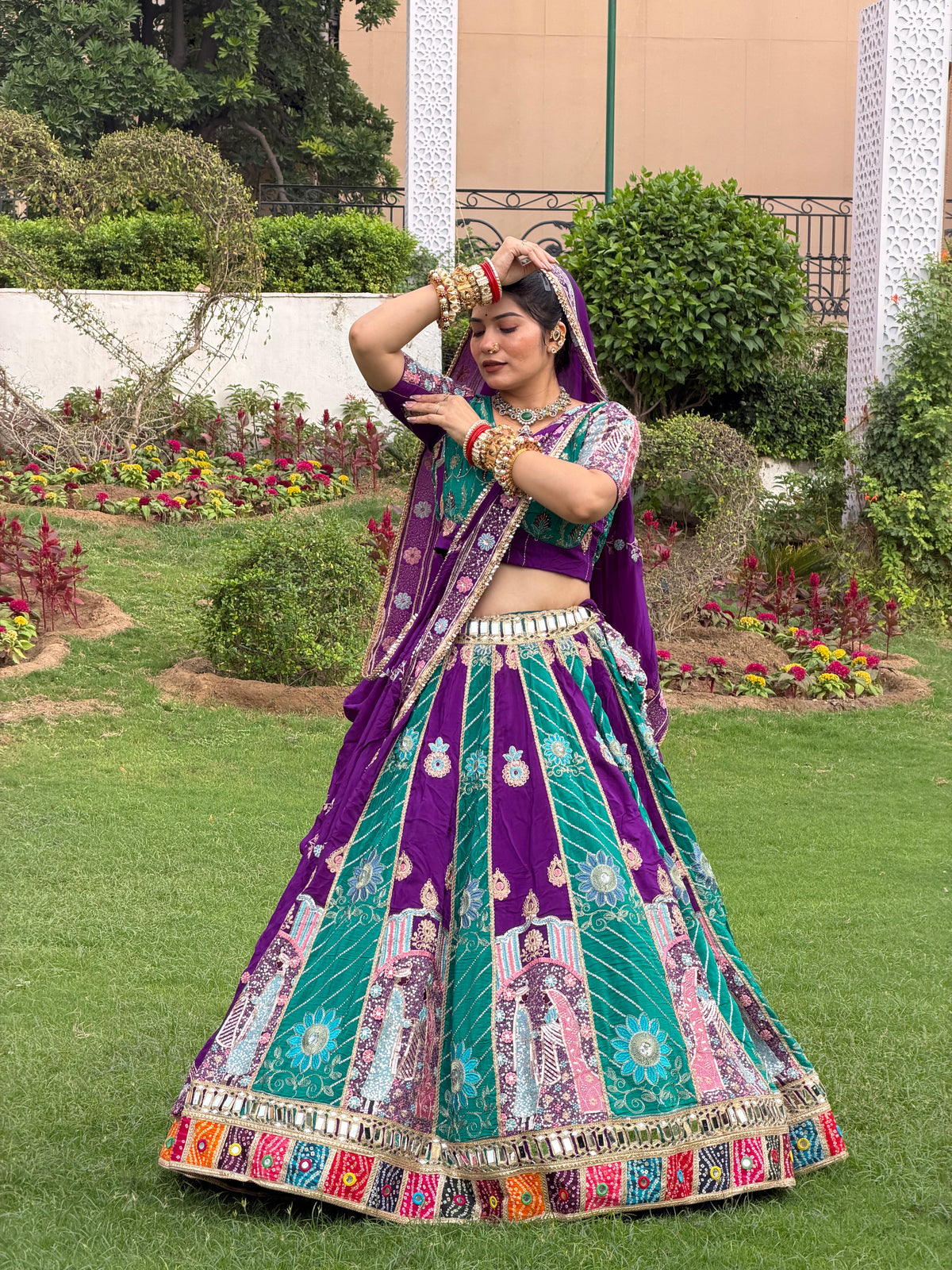 Purple & Teal Green Jodi Lehenga with Embroidery | Radhika Boutique