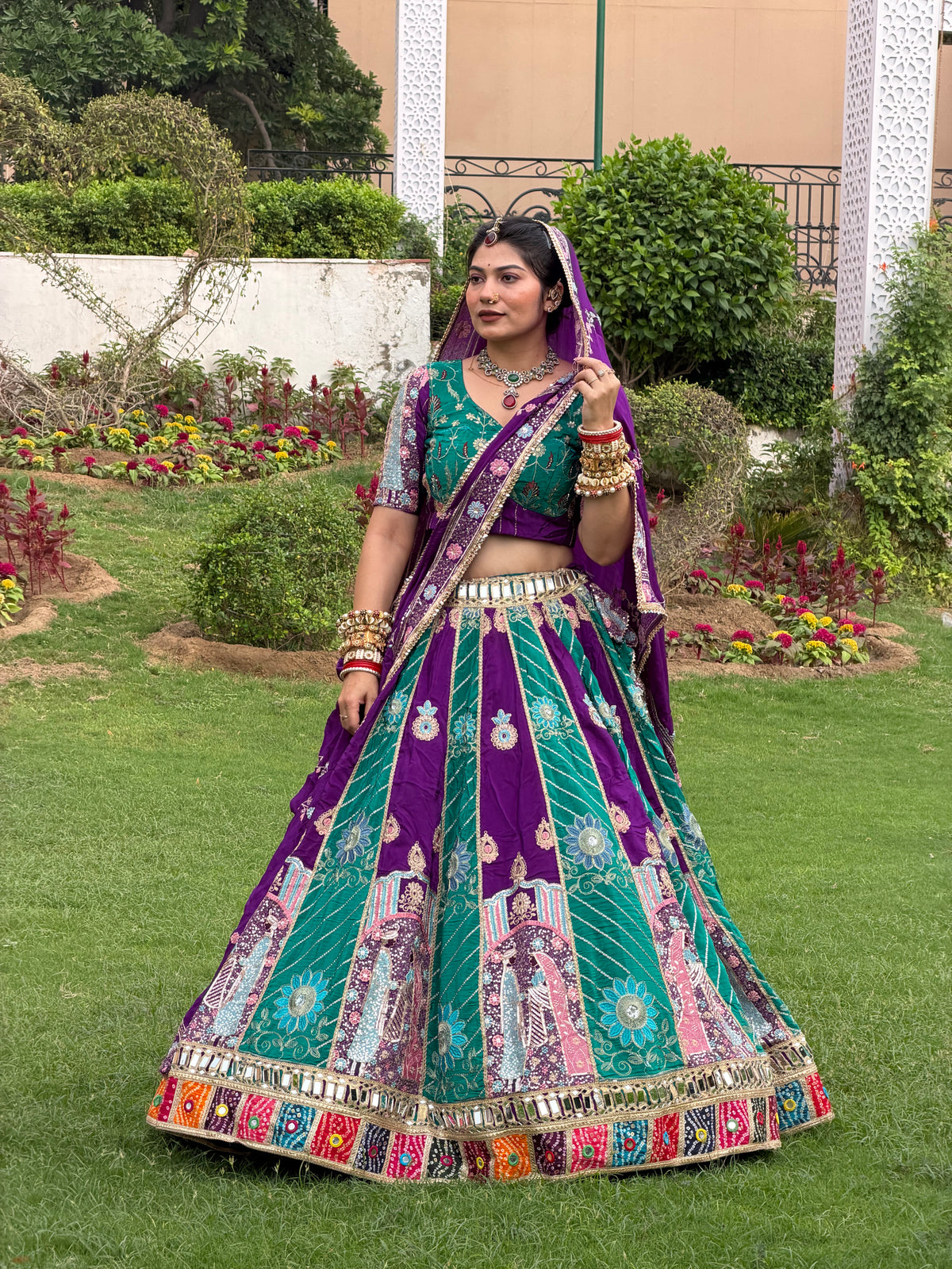 Purple & Teal Green Jodi Lehenga with Embroidery | Radhika Boutique