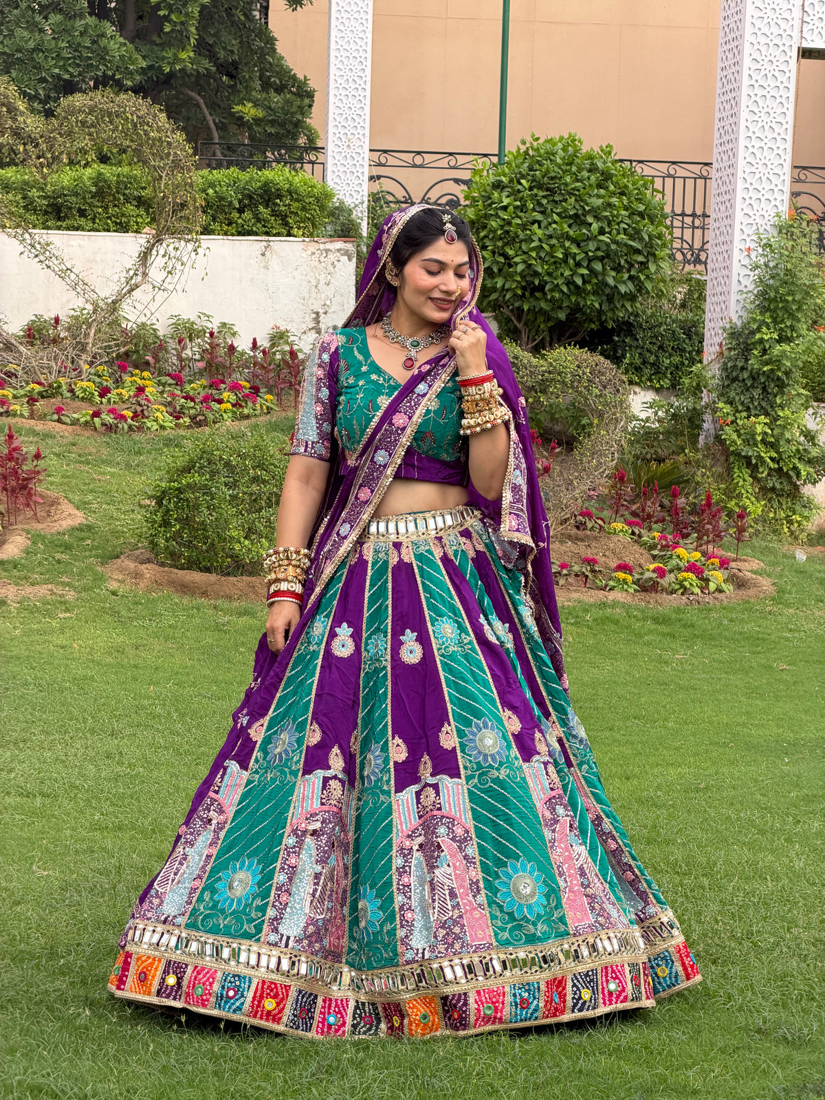 Purple & Teal Green Jodi Lehenga with Embroidery | Radhika Boutique