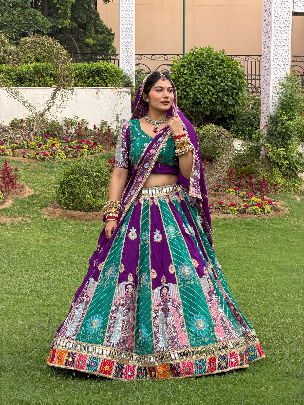 Purple & Teal Green Jodi Lehenga with Embroidery | Radhika Boutique